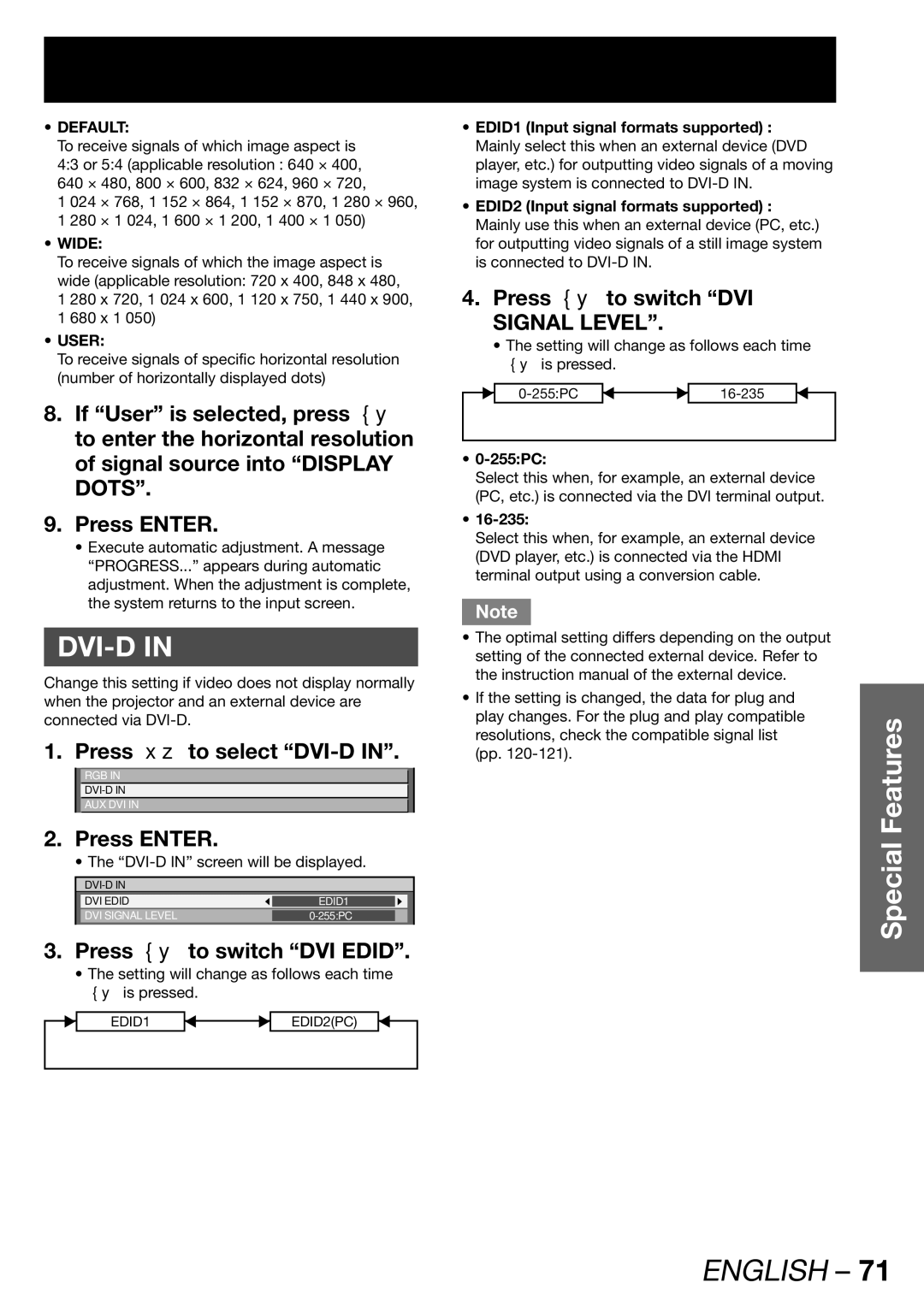 Panasonic PT-DW100E operating instructions Press to select DVI-D, Press to switch DVI Edid, Wide 