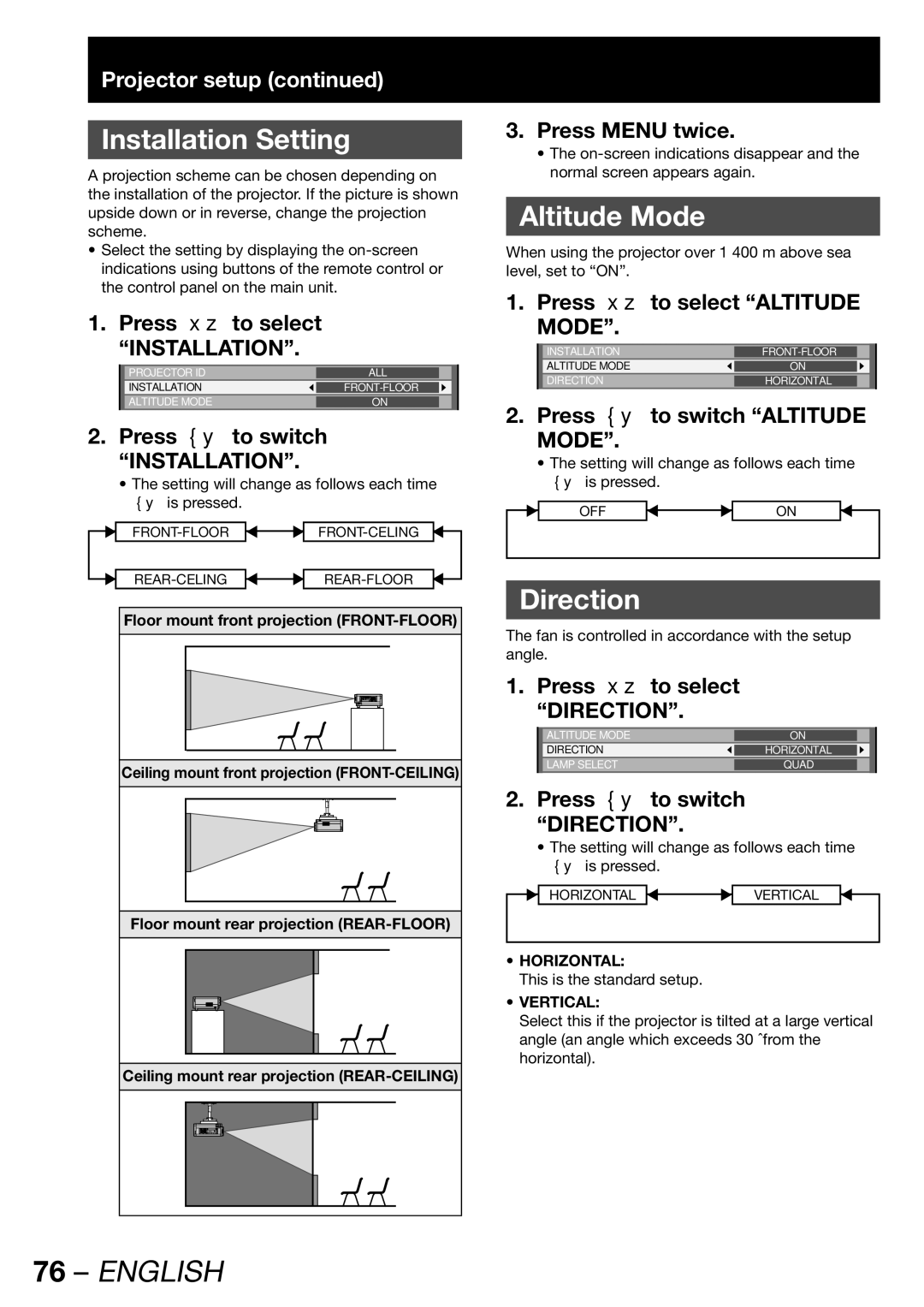 Panasonic PT-DW100E operating instructions Installation Setting, Altitude Mode, Direction 