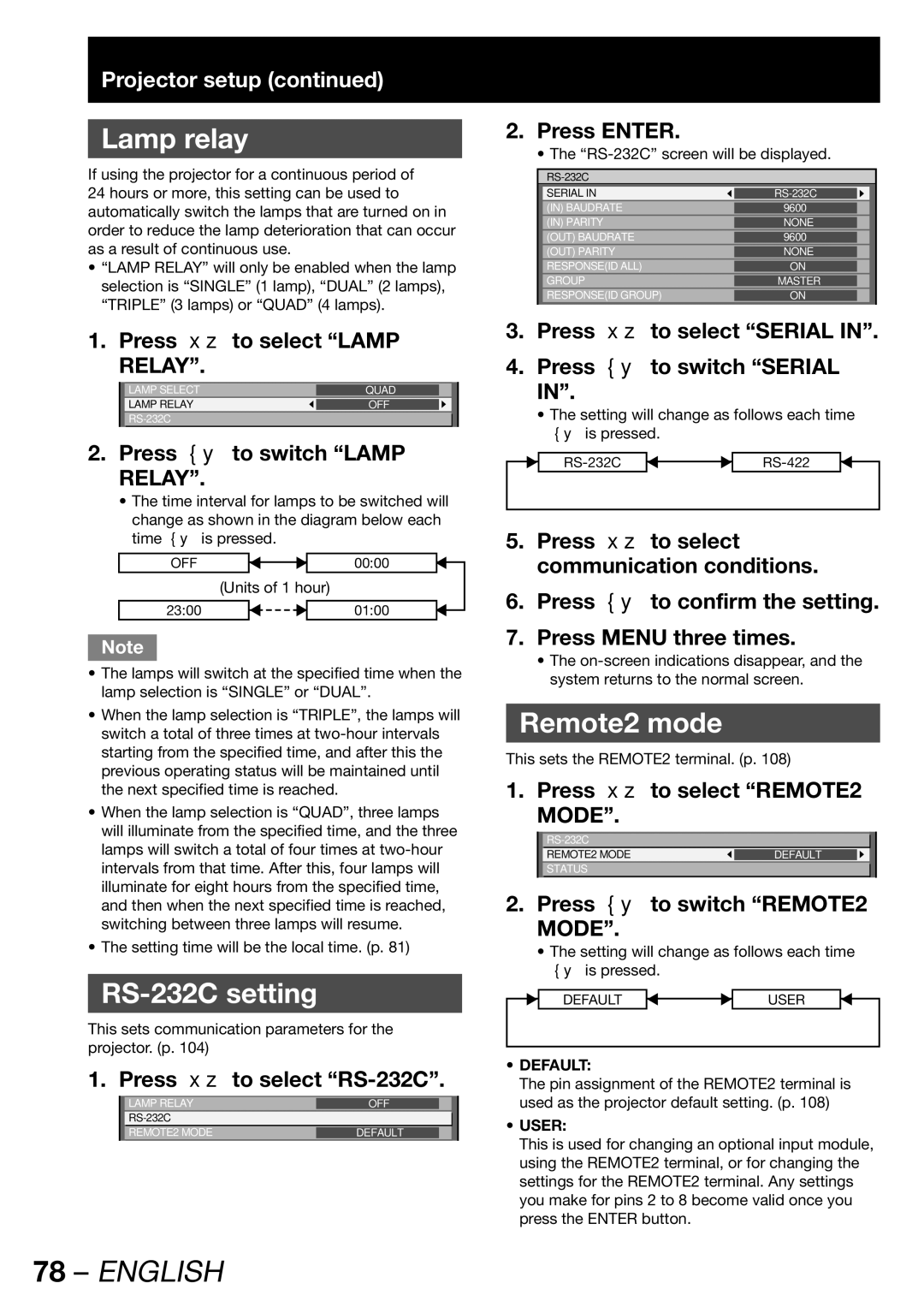 Panasonic PT-DW100E operating instructions Lamp relay, RS-232C setting, Remote2 mode 