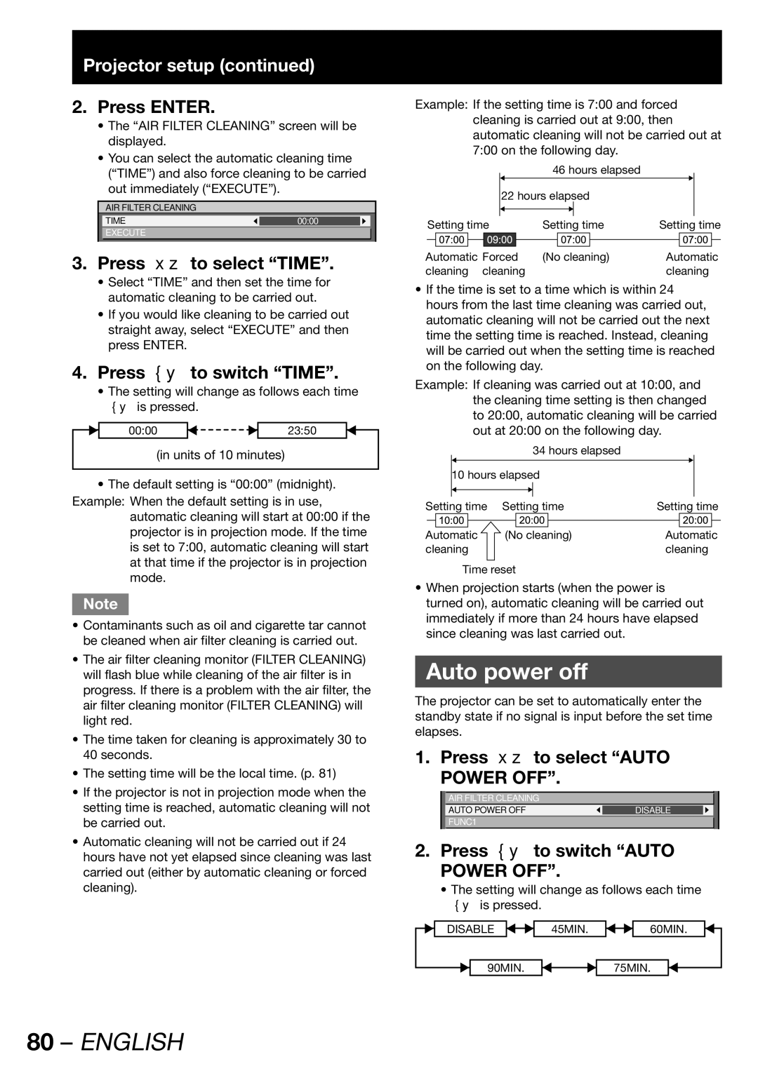 Panasonic PT-DW100E Auto power off, Press to select Time, Press to switch Time, Press to select Auto Power OFF 