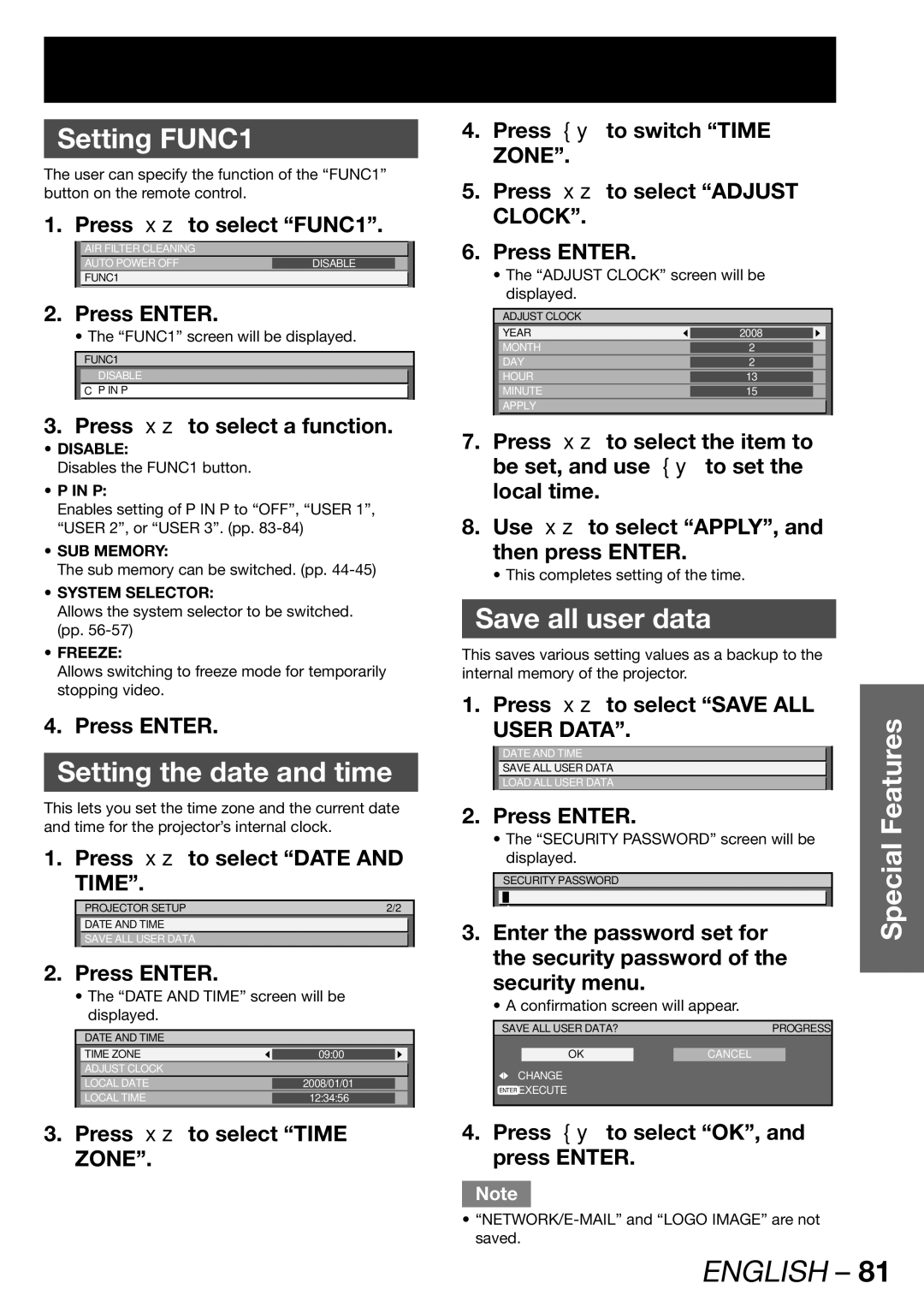 Panasonic PT-DW100E operating instructions Setting FUNC1, Setting the date and time, Save all user data 