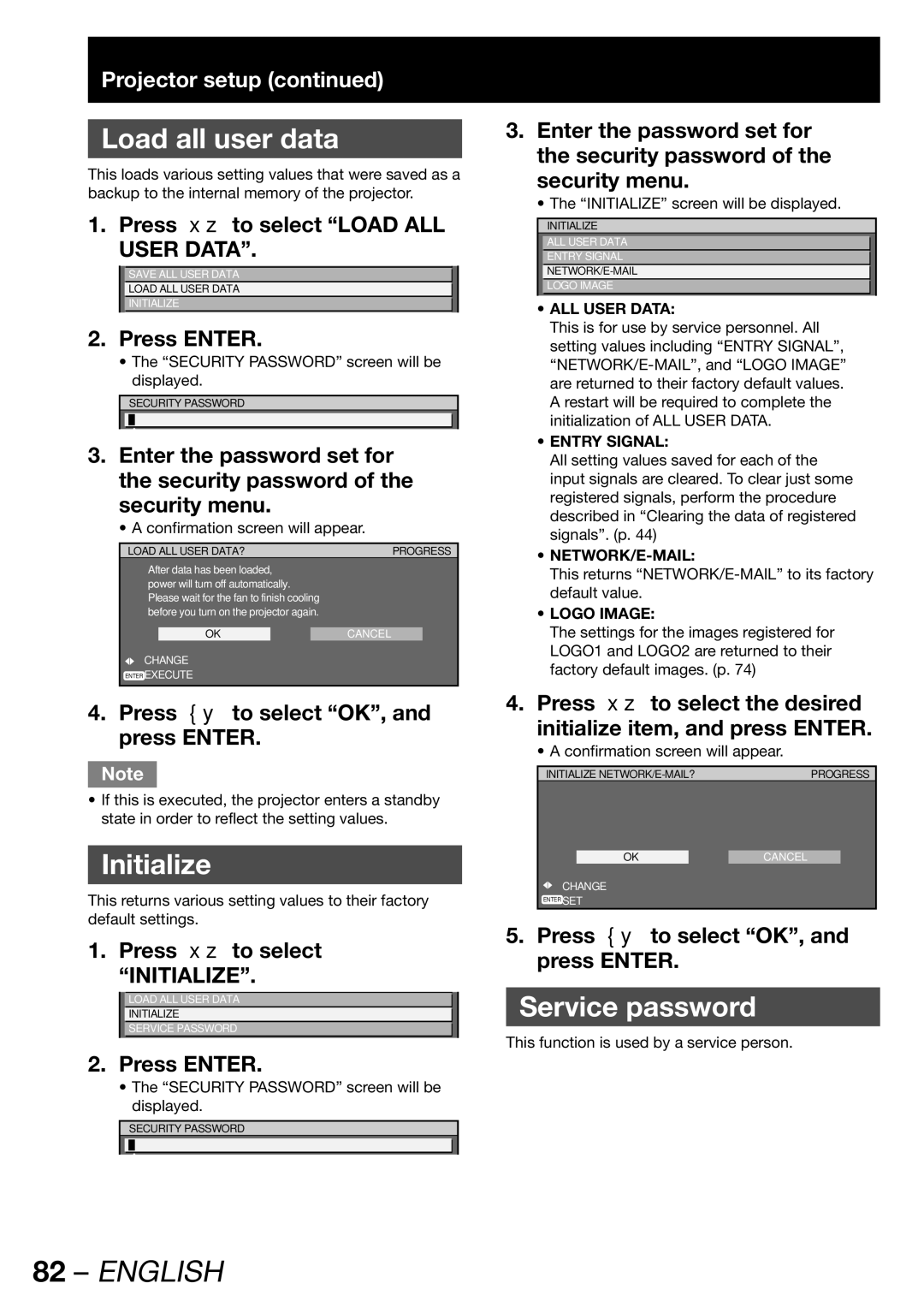 Panasonic PT-DW100E Load all user data, Initialize, Service password, Press to select Load ALL User Data 