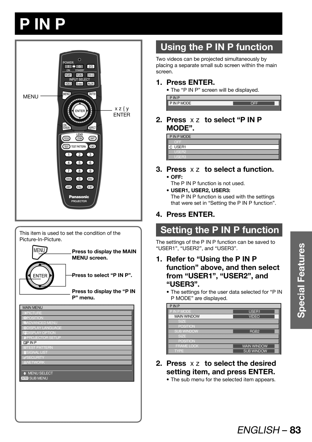 Panasonic PT-DW100E Using the P in P function, Setting the P in P function, Press to select P in P Mode 