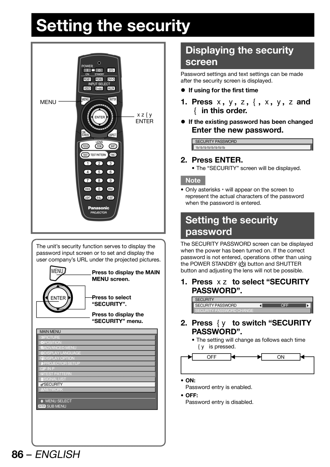 Panasonic PT-DW100E operating instructions Displaying the security Screen, Setting the security Password 