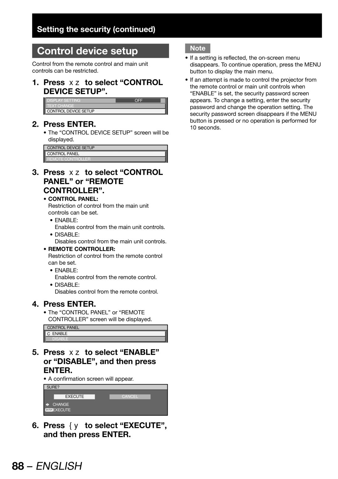 Panasonic PT-DW100E Control device setup, Press to select Control Device Setup, Control Panel, Remote Controller 