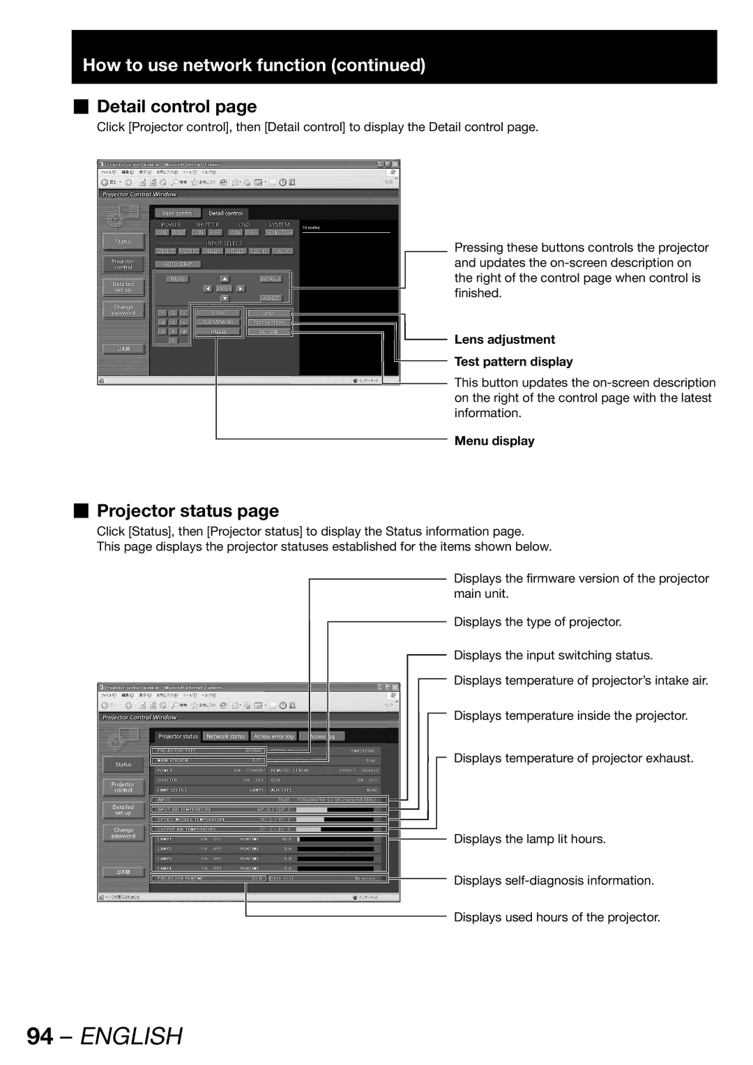 Panasonic PT-DW100E „ Detail control, „ Projector status, Lens adjustment Test pattern display, Menu display 