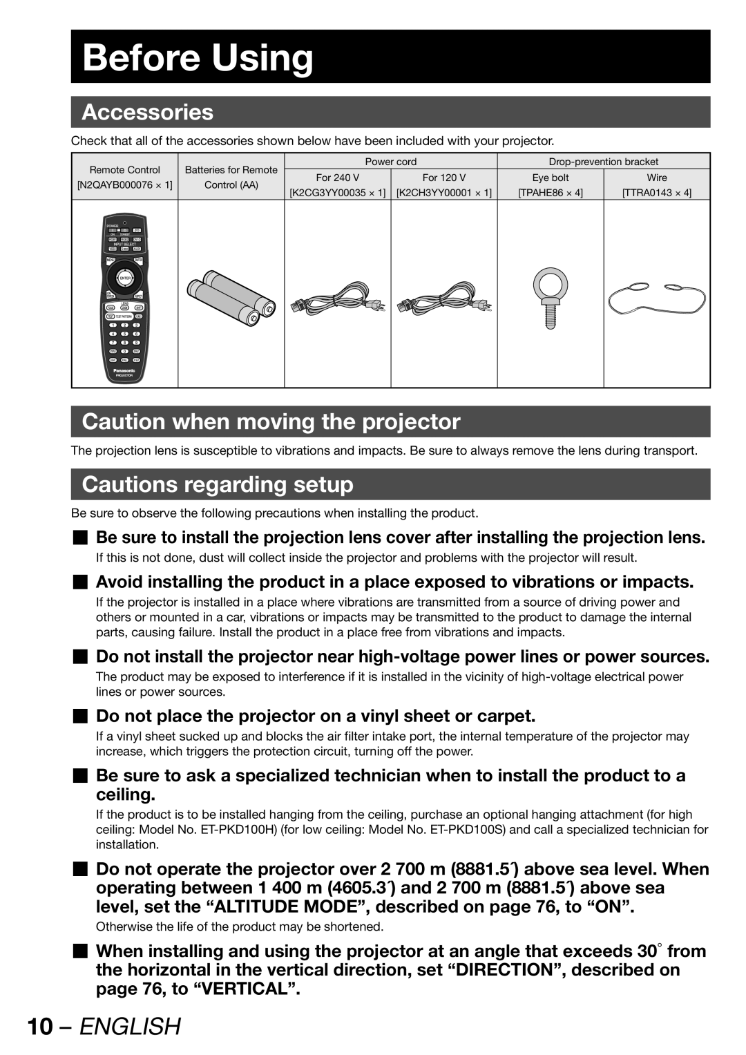 Panasonic PT-DW100U Before Using, Accessories, „ Do not place the projector on a vinyl sheet or carpet 