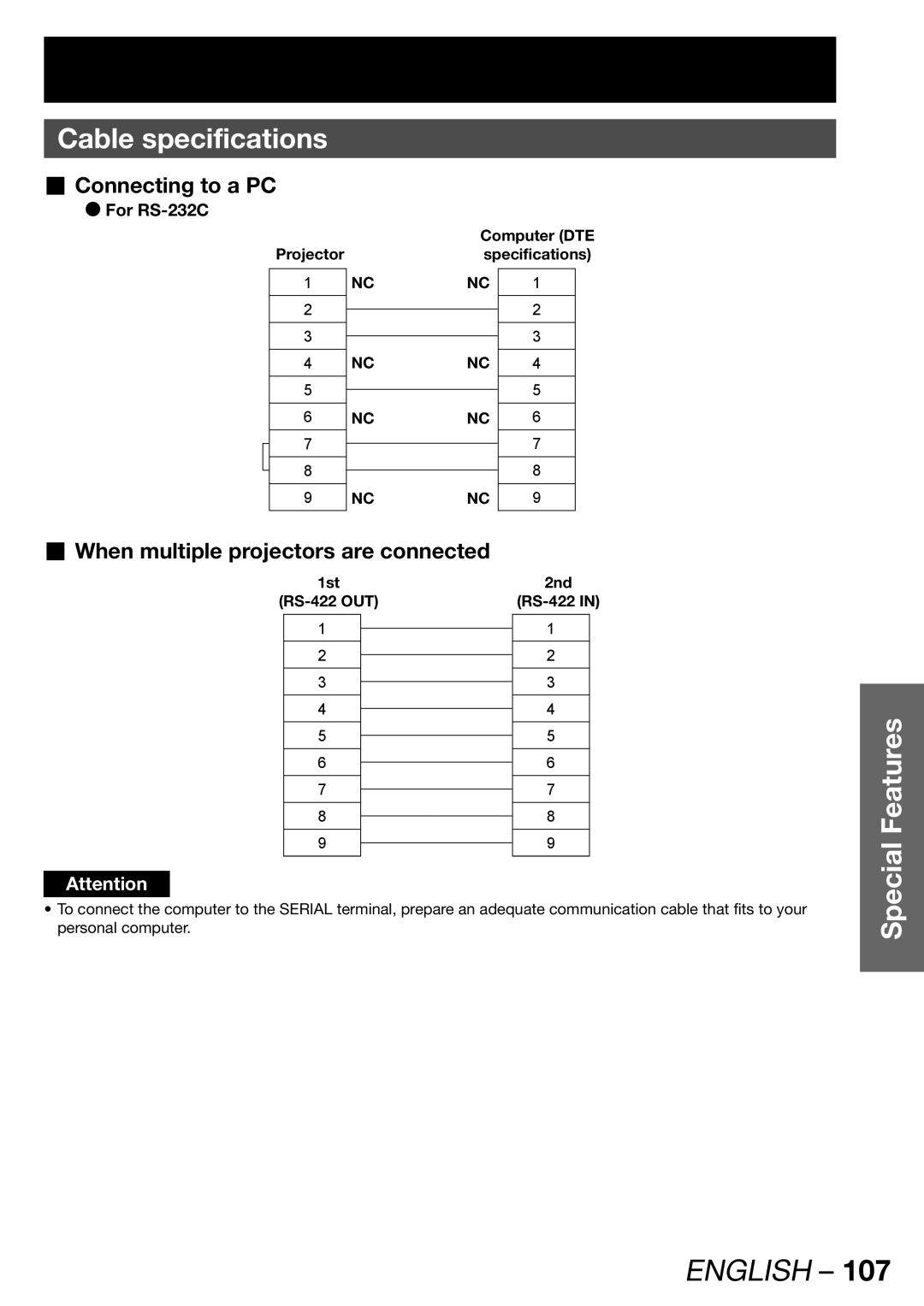 Panasonic PT-DW100U Cable specifications, „ Connecting to a PC, „ When multiple projectors are connected 