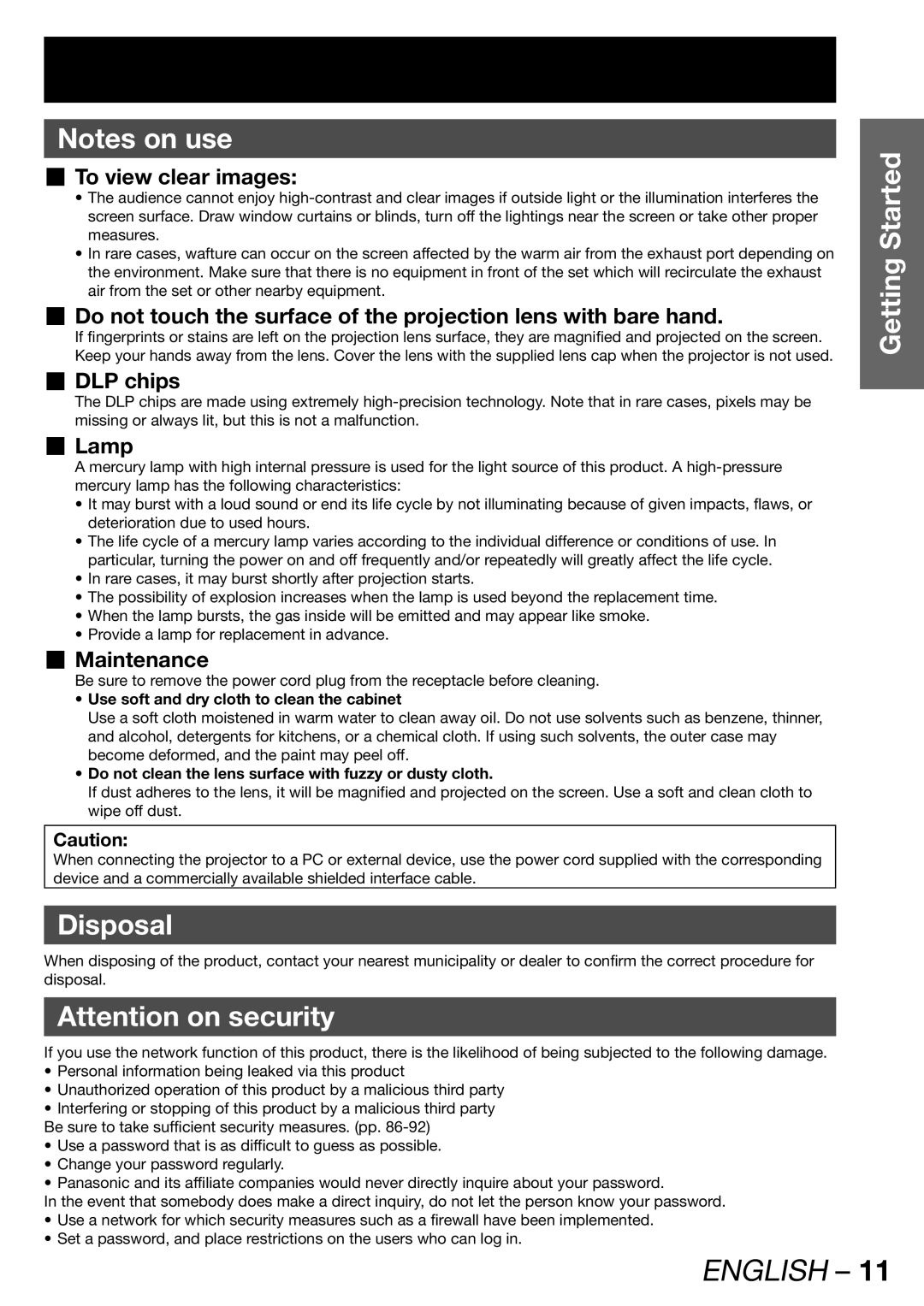 Panasonic PT-DW100U operating instructions Disposal, „ To view clear images, „ Lamp, „ Maintenance 