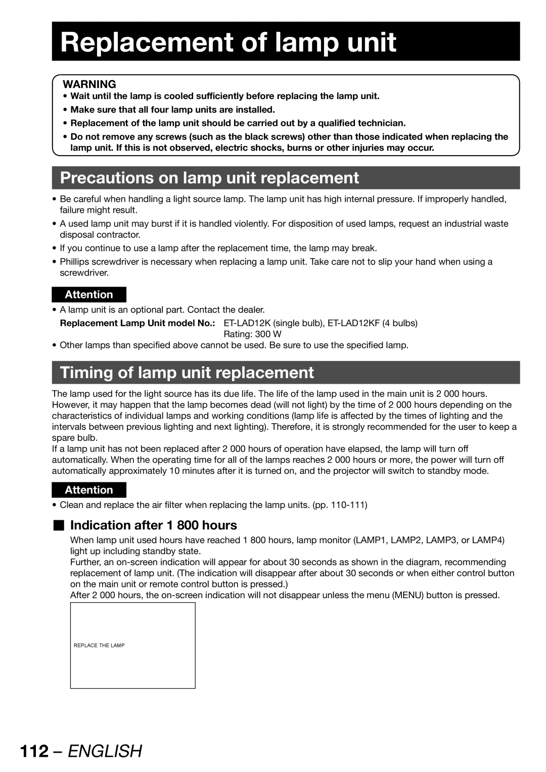 Panasonic PT-DW100U Replacement of lamp unit, Precautions on lamp unit replacement, Timing of lamp unit replacement 