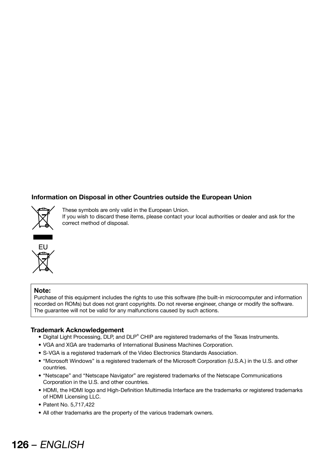 Panasonic PT-DW100U operating instructions Trademark Acknowledgement 