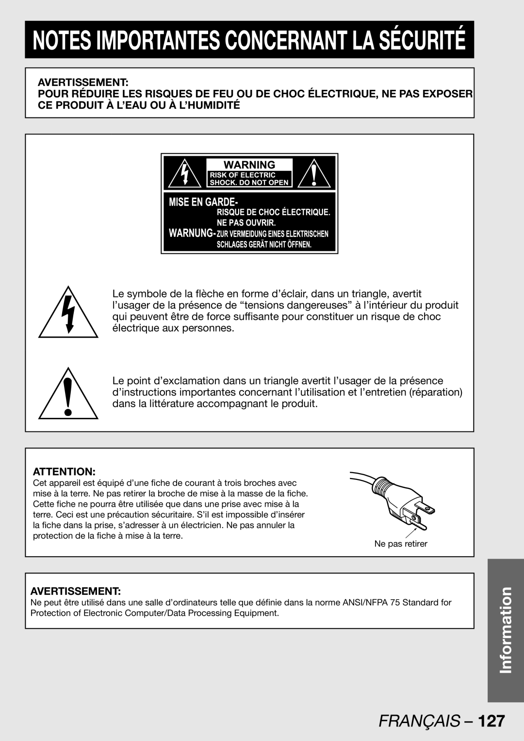 Panasonic PT-DW100U operating instructions Français 