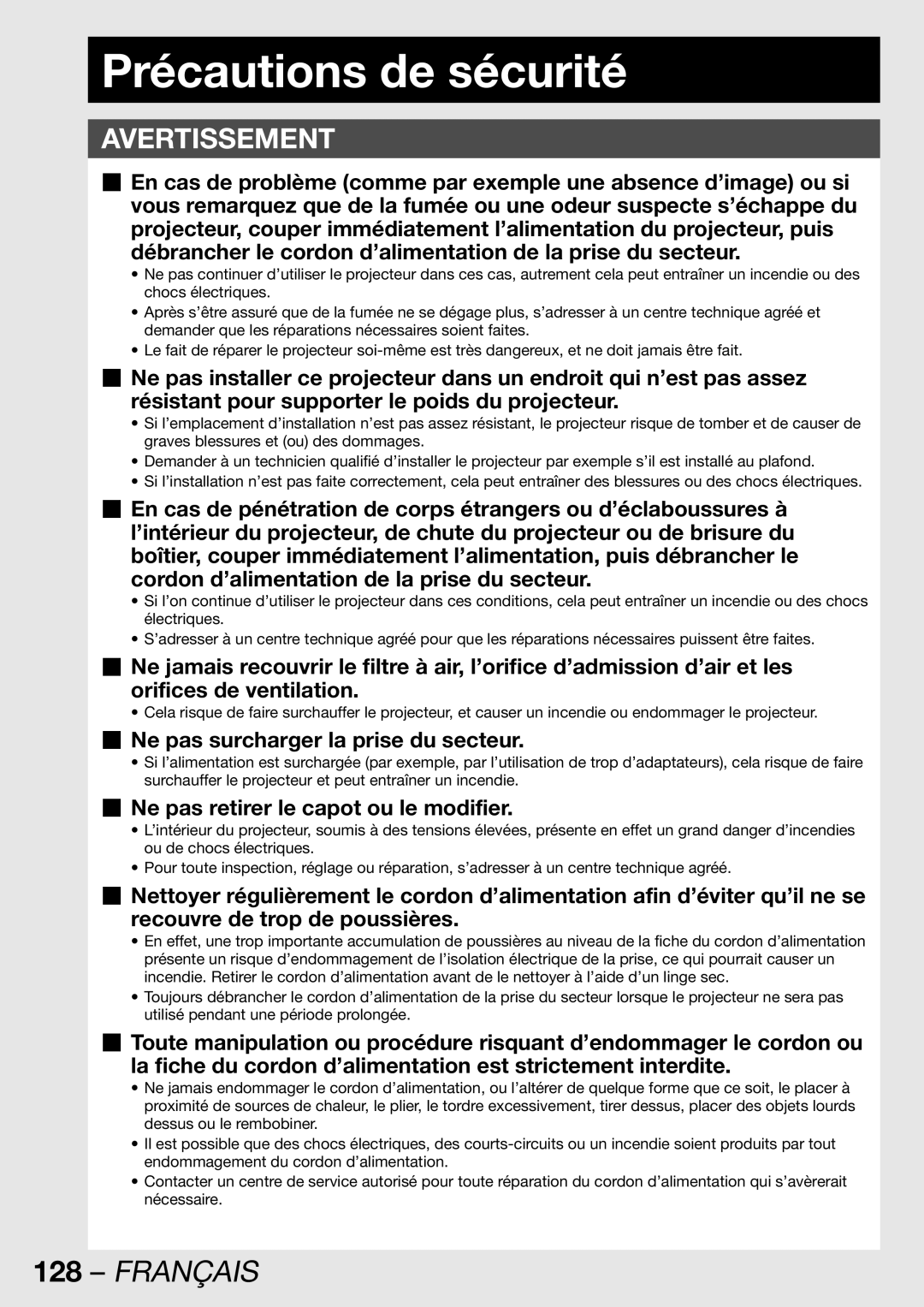 Panasonic PT-DW100U operating instructions Précautions de sécurité, „ Ne pas surcharger la prise du secteur 