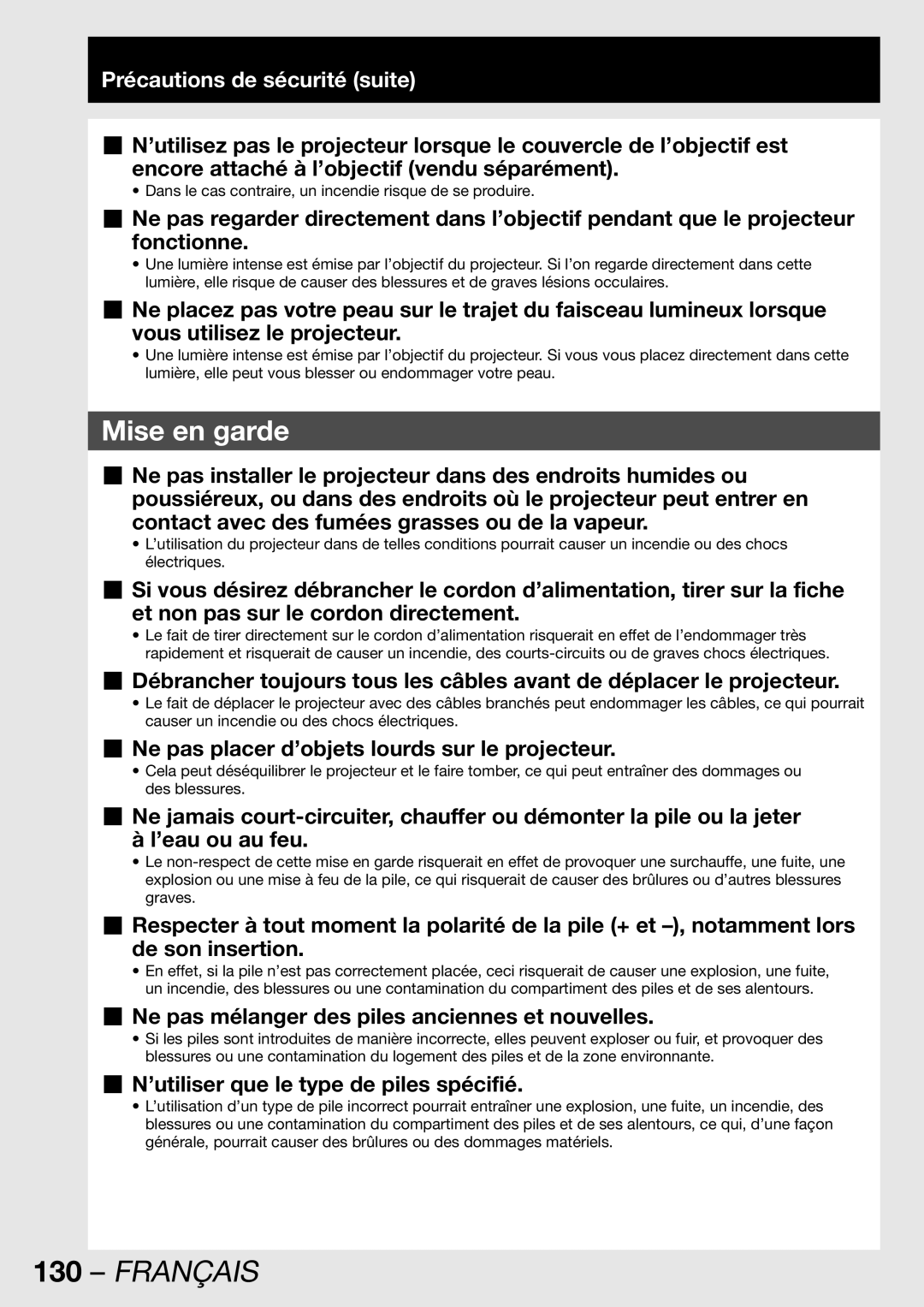 Panasonic PT-DW100U Mise en garde, Précautions de sécurité suite, Ne pas placer d’objets lourds sur le projecteur 