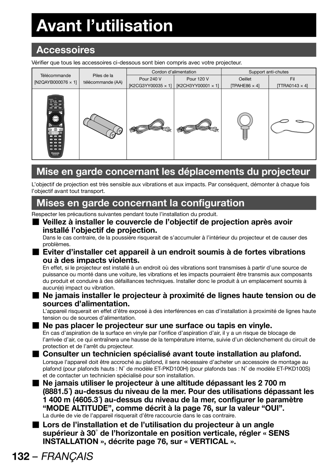 Panasonic PT-DW100U Avant l’utilisation, Accessoires, Mise en garde concernant les déplacements du projecteur 