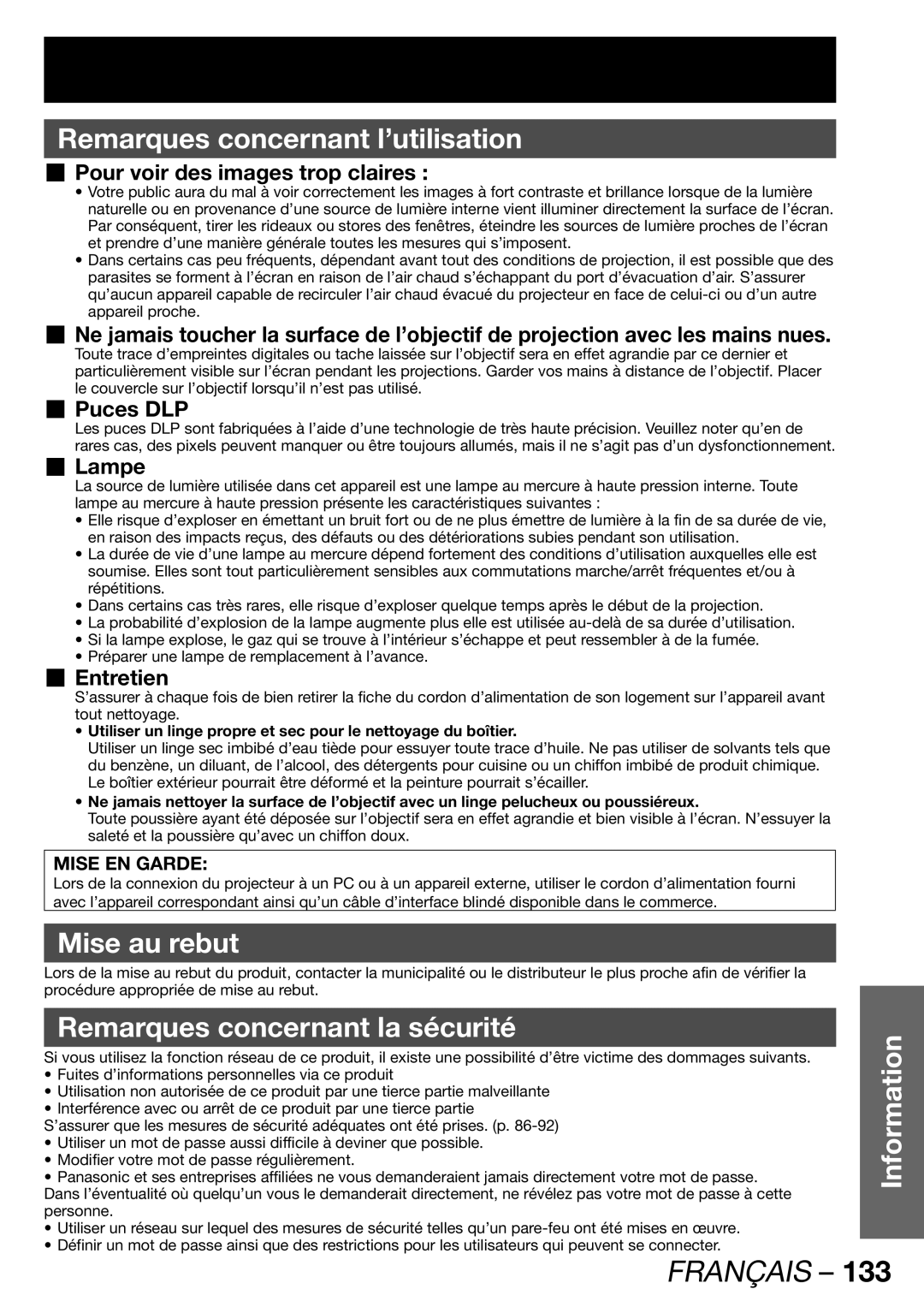 Panasonic PT-DW100U Remarques concernant l’utilisation, Mise au rebut, Remarques concernant la sécurité 