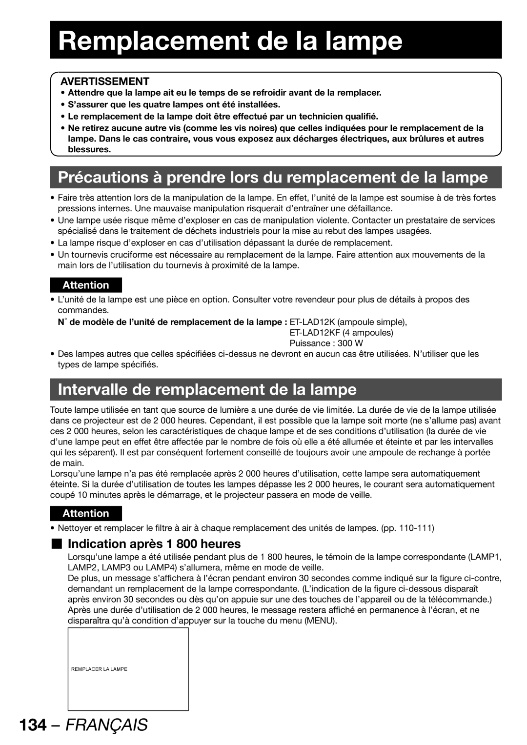 Panasonic PT-DW100U operating instructions Remplacement de la lampe, Précautions à prendre lors du remplacement de la lampe 