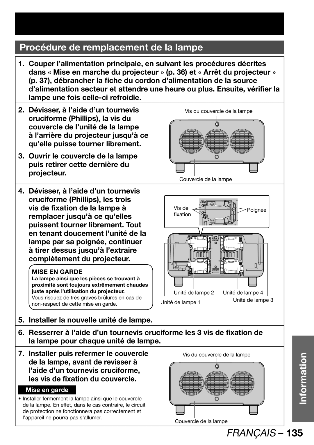 Panasonic PT-DW100U operating instructions Procédure de remplacement de la lampe, Vis du couvercle de la lampe 