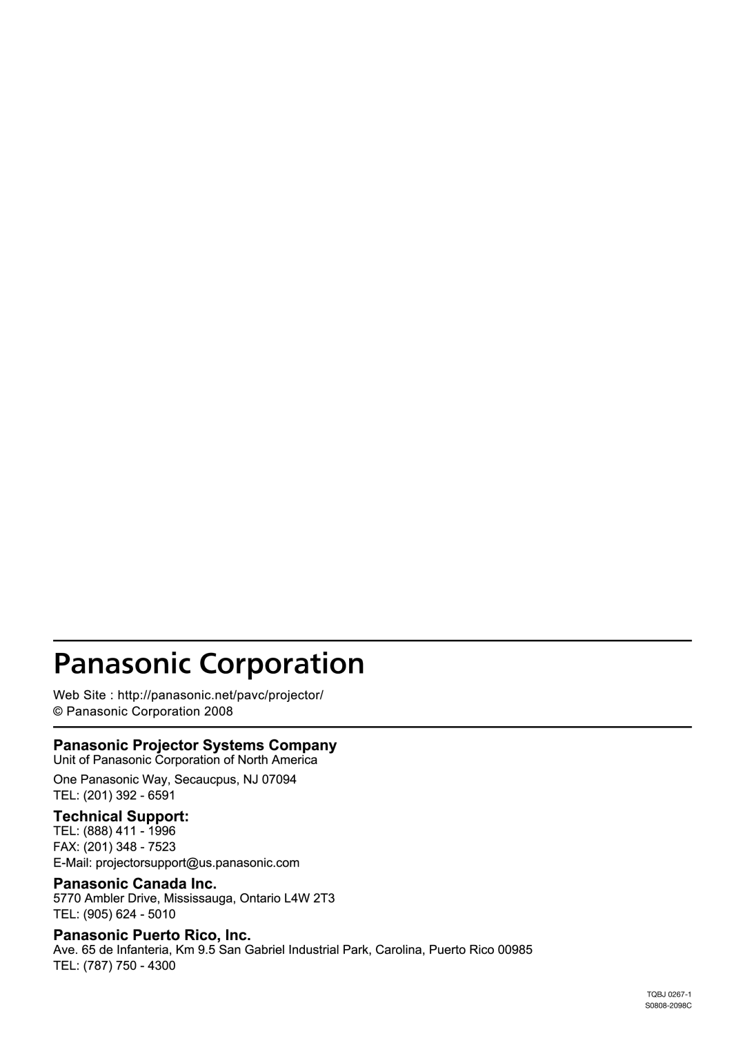 Panasonic PT-DW100U operating instructions Tqbj S0808-2098C 