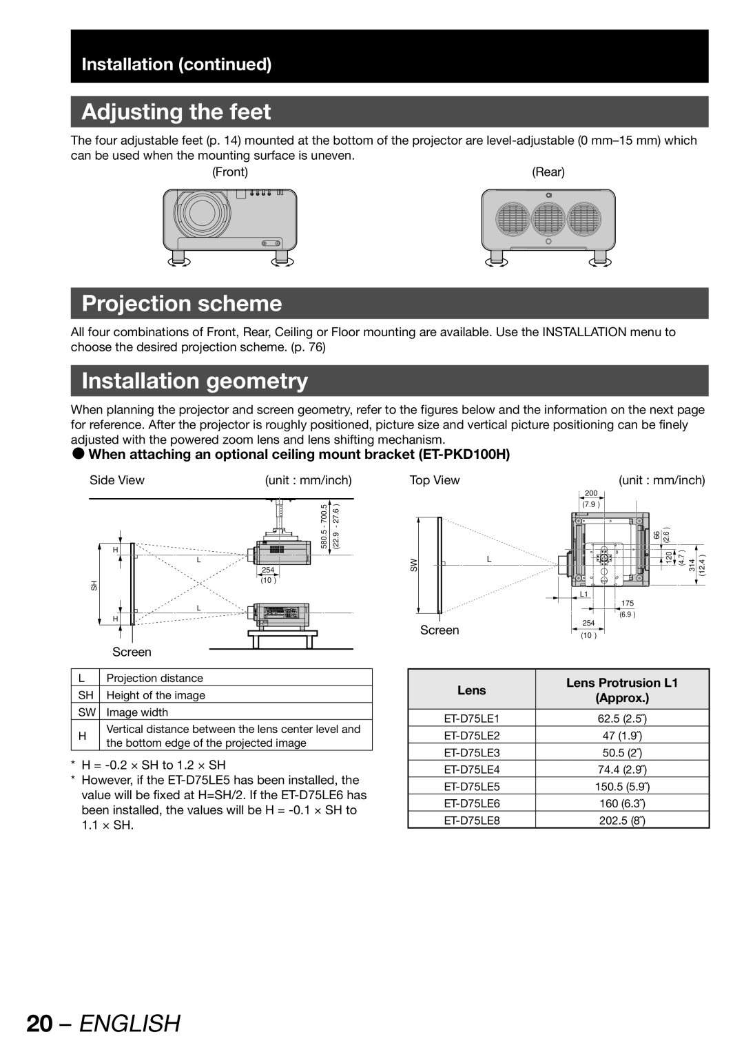 Panasonic PT-DW100U Adjusting the feet, Projection scheme, Installation geometry, Lens Lens Protrusion L1 Approx 