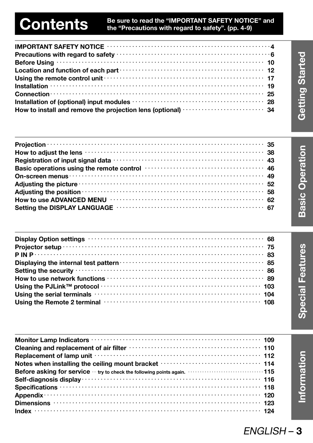 Panasonic PT-DW100U operating instructions Contents 