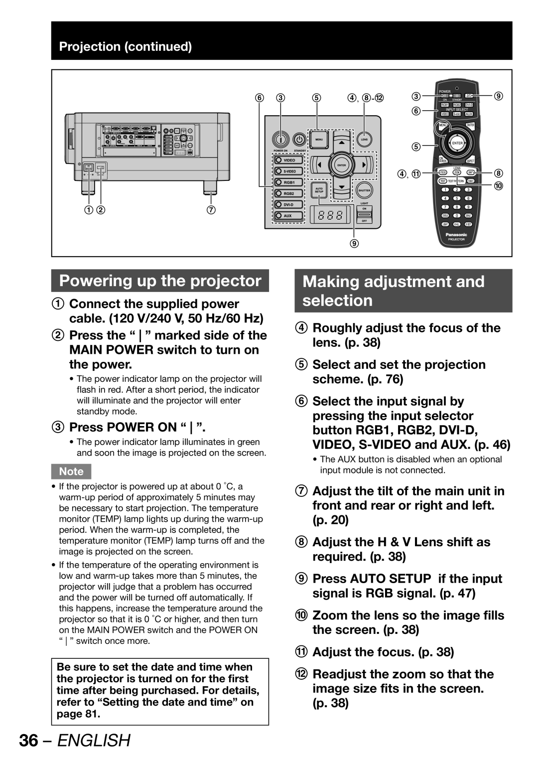 Panasonic PT-DW100U Powering up the projector, Making adjustment Selection, Projection, Press Power on 