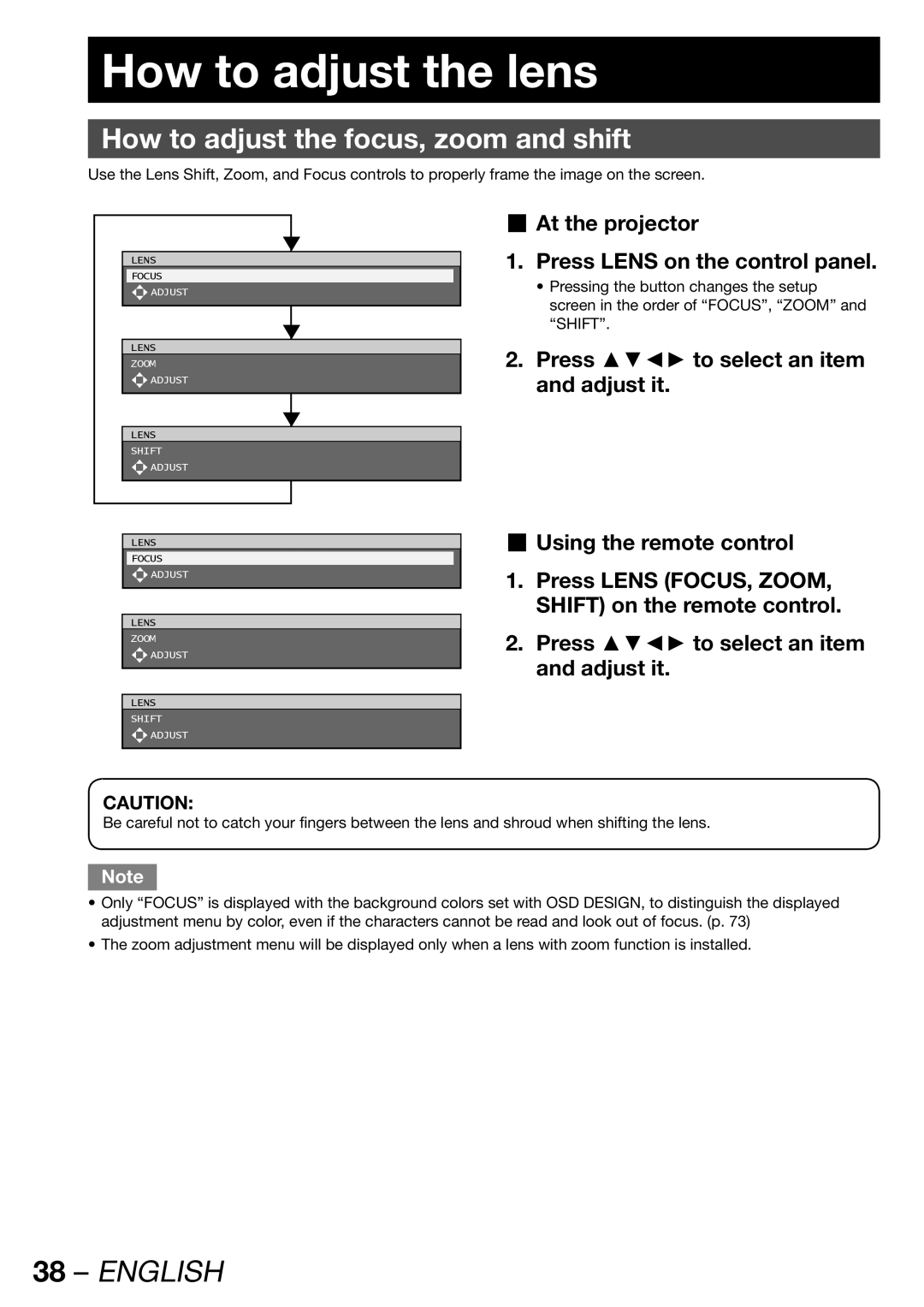 Panasonic PT-DW100U How to adjust the lens, How to adjust the focus, zoom and shift, Press to select an item and adjust it 