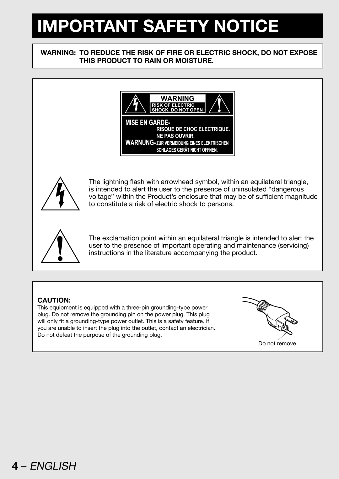 Panasonic PT-DW100U operating instructions Important Safety Notice 