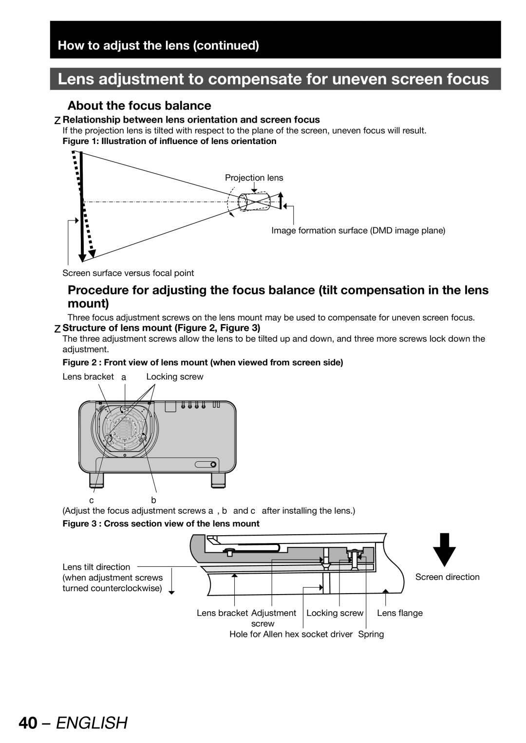 Panasonic PT-DW100U operating instructions Lens adjustment to compensate for uneven screen focus, How to adjust the lens 