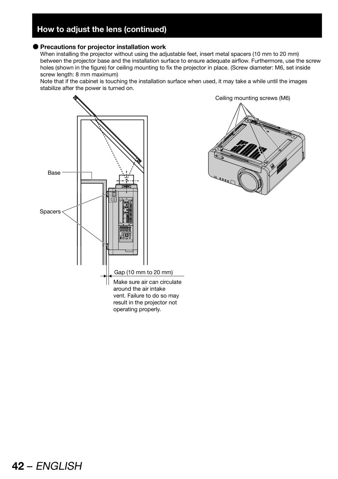 Panasonic PT-DW100U operating instructions Precautions for projector installation work 