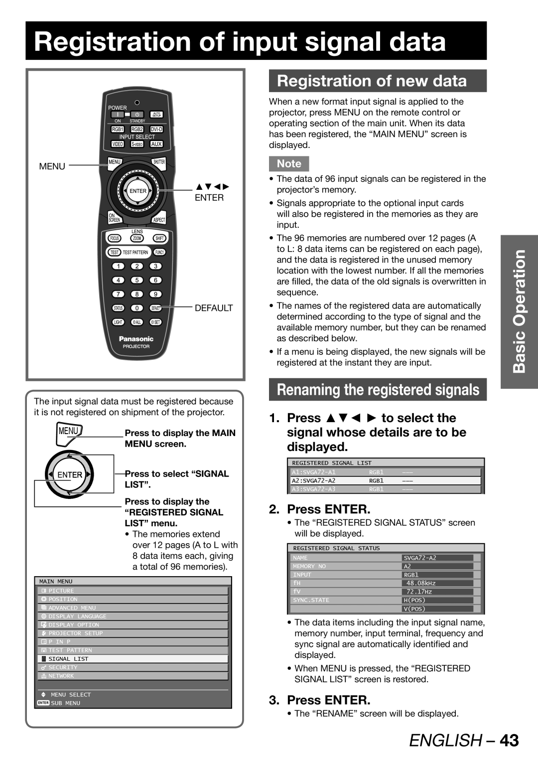 Panasonic PT-DW100U Registration of input signal data, Registration of new data, Displayed, Press Enter, List 