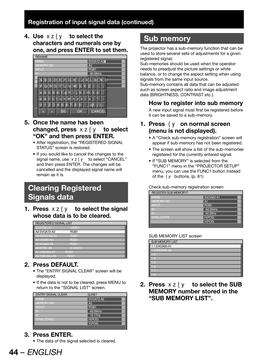 Panasonic PT-DW100U Sub memory, Clearing Registered Signals data, Registration of input signal data, Press Default 