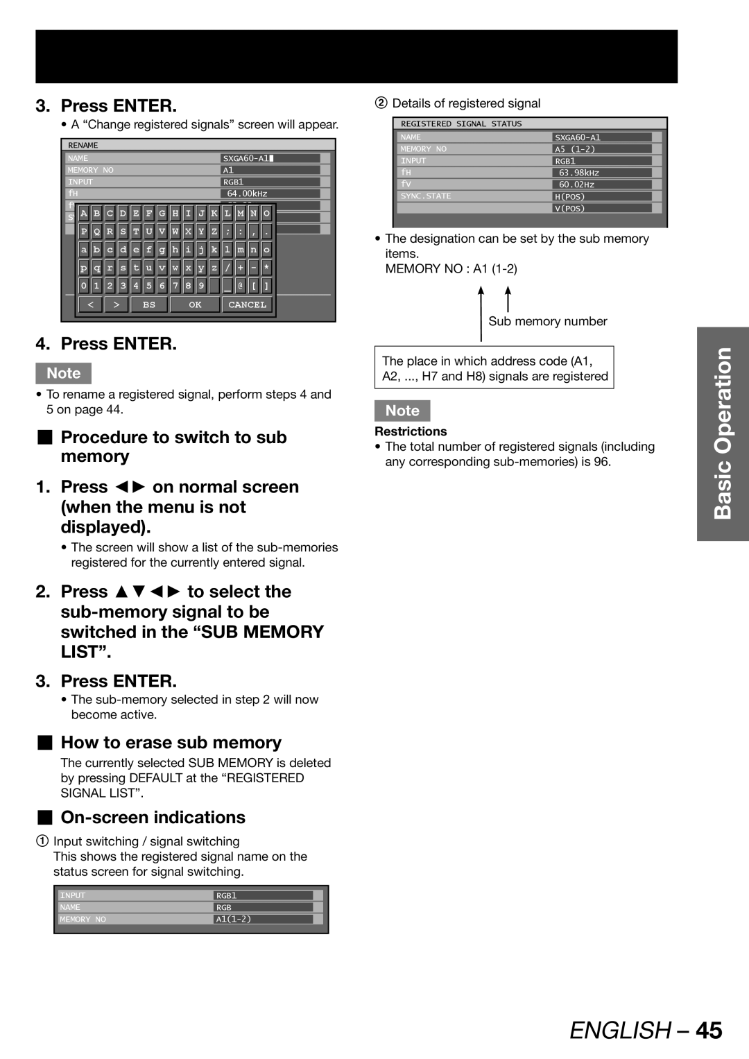 Panasonic PT-DW100U operating instructions „ How to erase sub memory, „ On-screen indications, Restrictions 