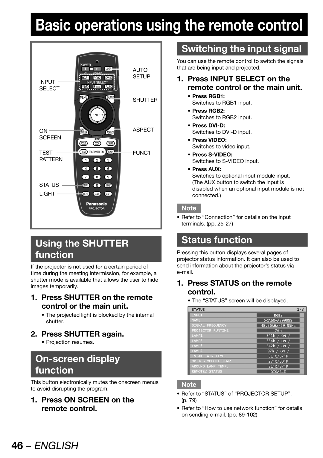 Panasonic PT-DW100U Using the Shutter Function, On-screen display Function, Switching the input signal, Status function 