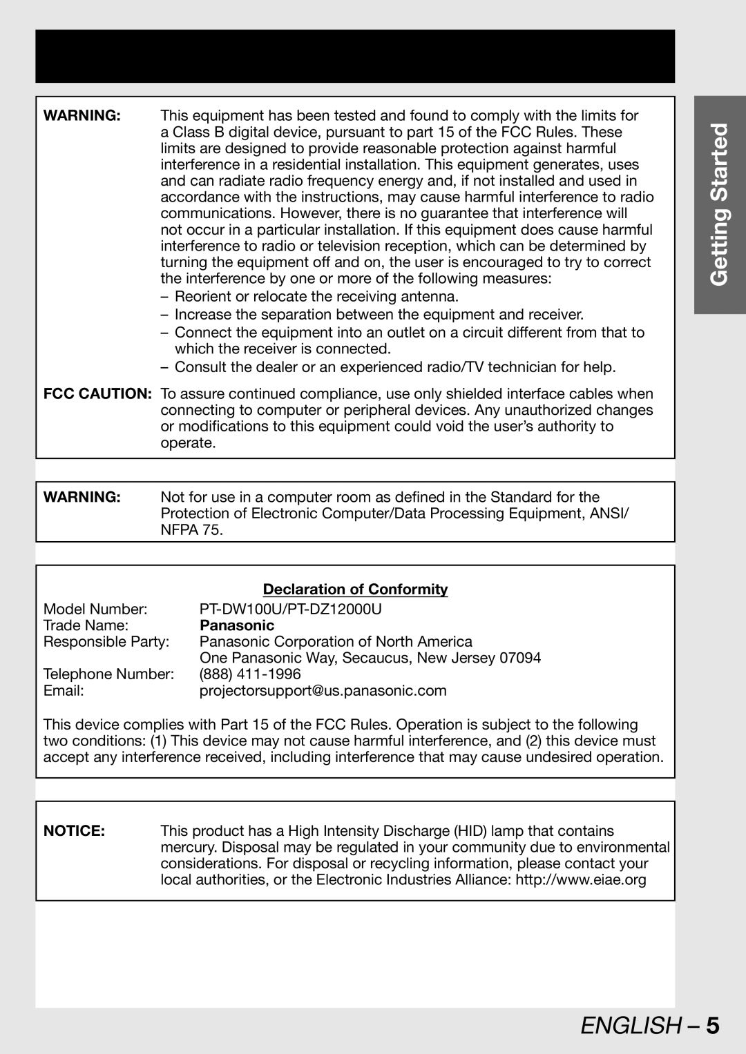 Panasonic PT-DW100U operating instructions Getting Started, Panasonic 