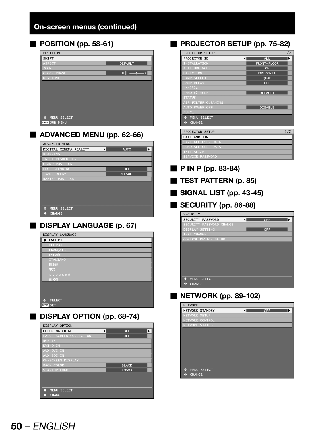 Panasonic PT-DW100U operating instructions On-screen menus 