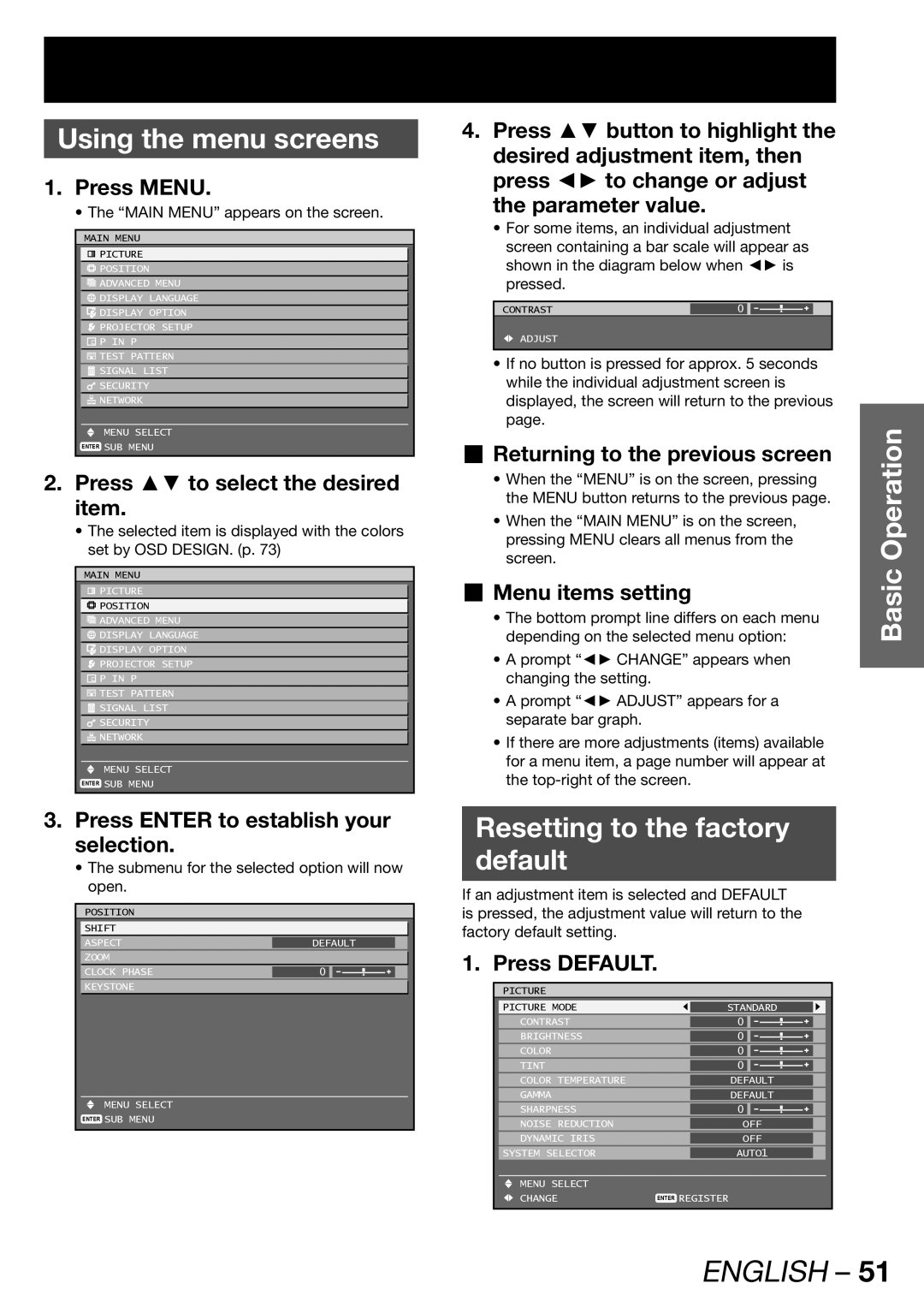 Panasonic PT-DW100U operating instructions Using the menu screens, Resetting to the factory Default 