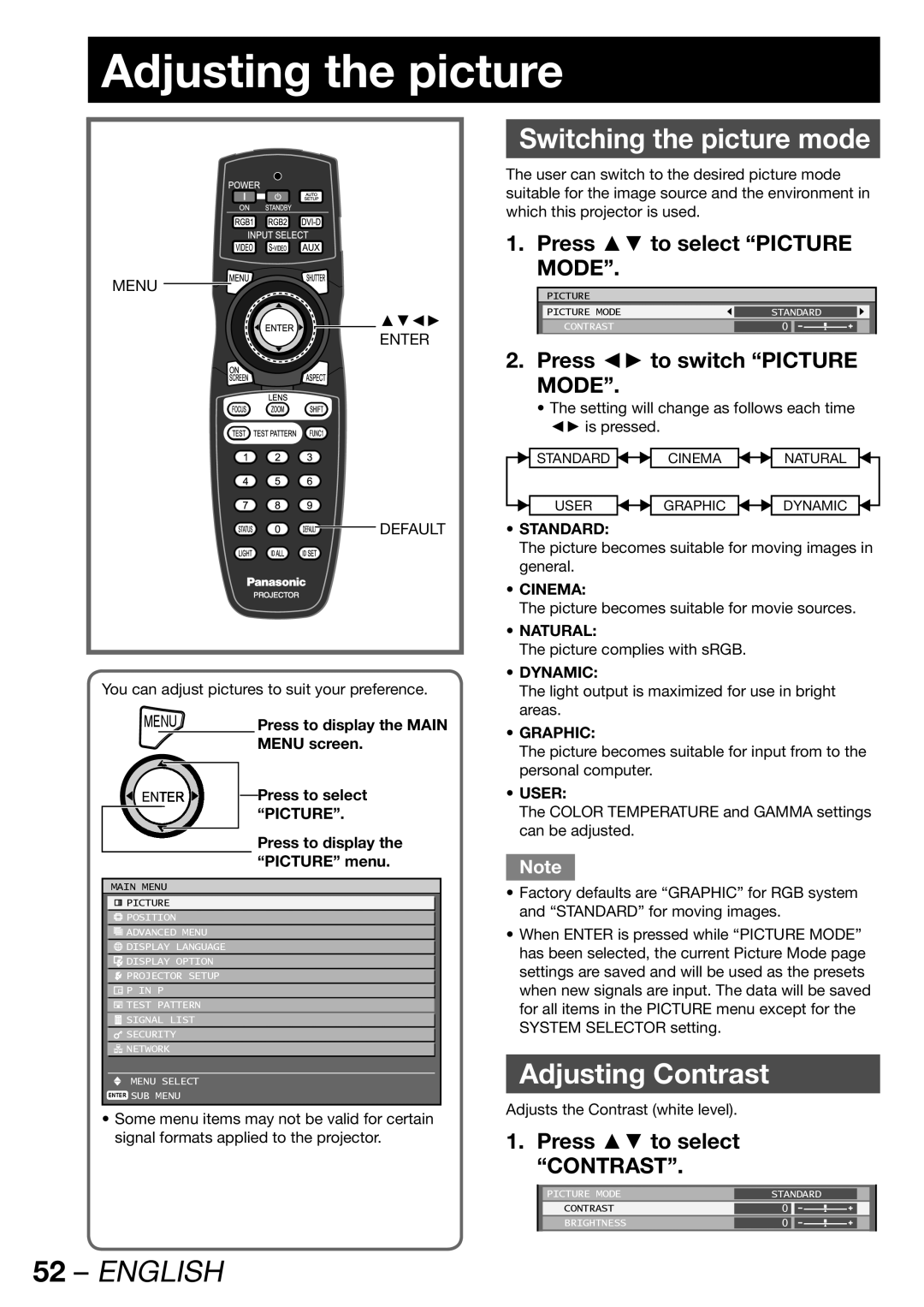 Panasonic PT-DW100U operating instructions Adjusting the picture, Switching the picture mode, Adjusting Contrast 