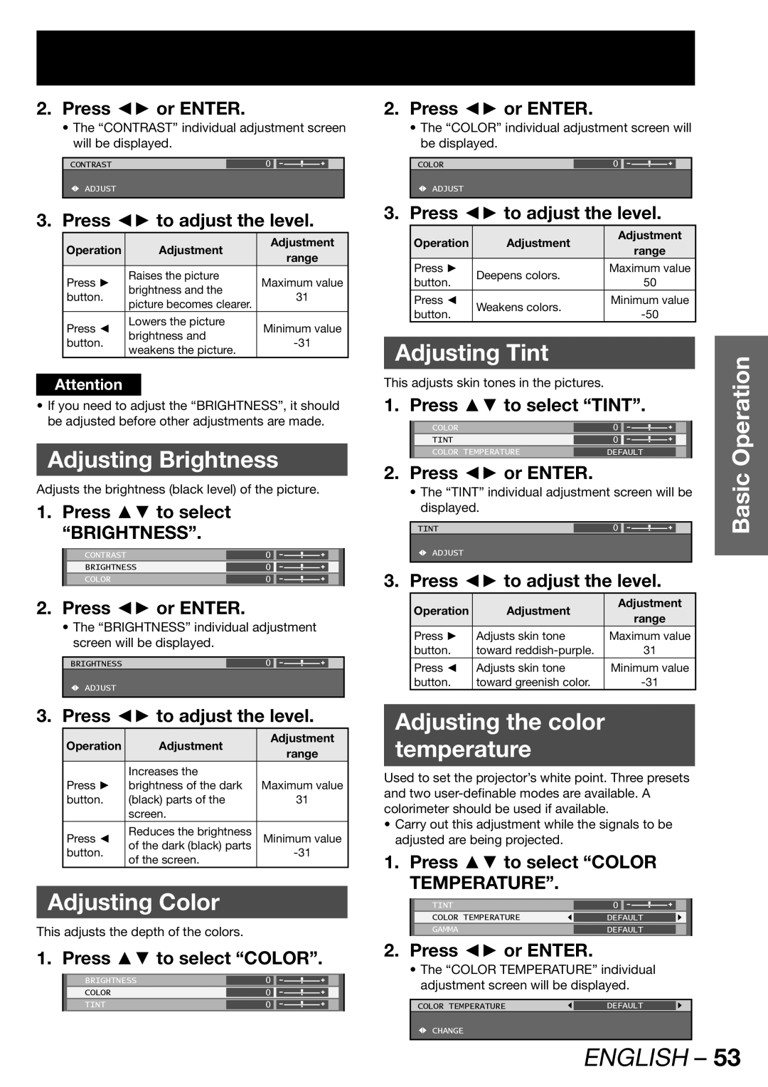 Panasonic PT-DW100U Adjusting Brightness, Adjusting Color, Adjusting Tint, Adjusting the color Temperature 