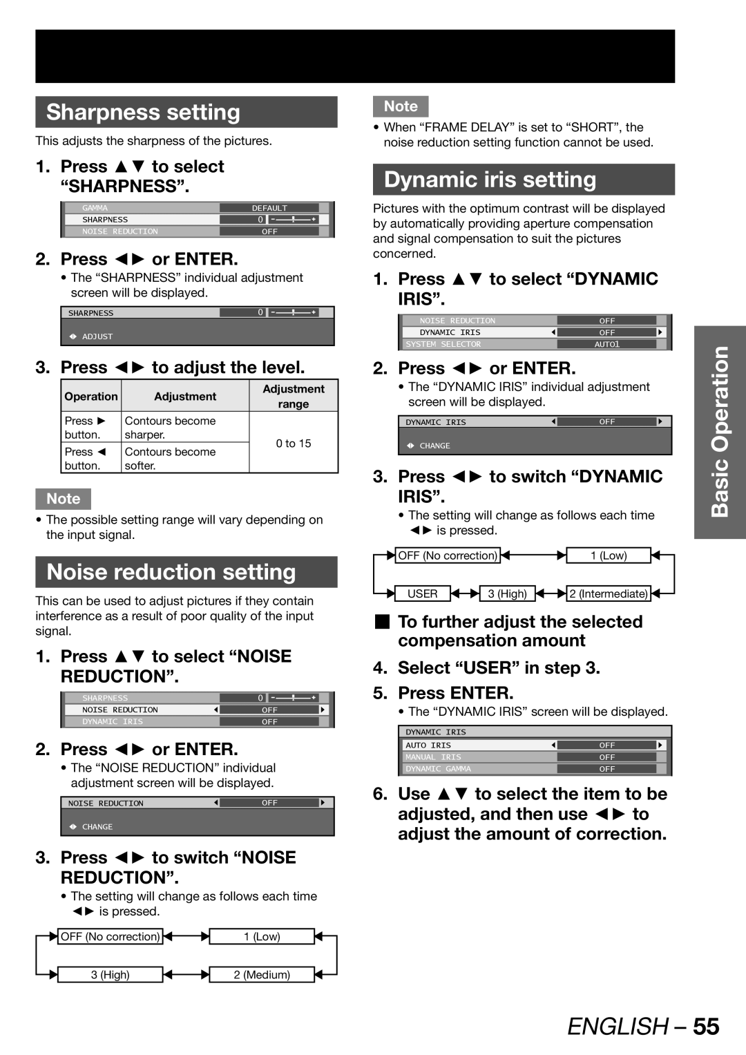 Panasonic PT-DW100U operating instructions Sharpness setting, Noise reduction setting, Dynamic iris setting 