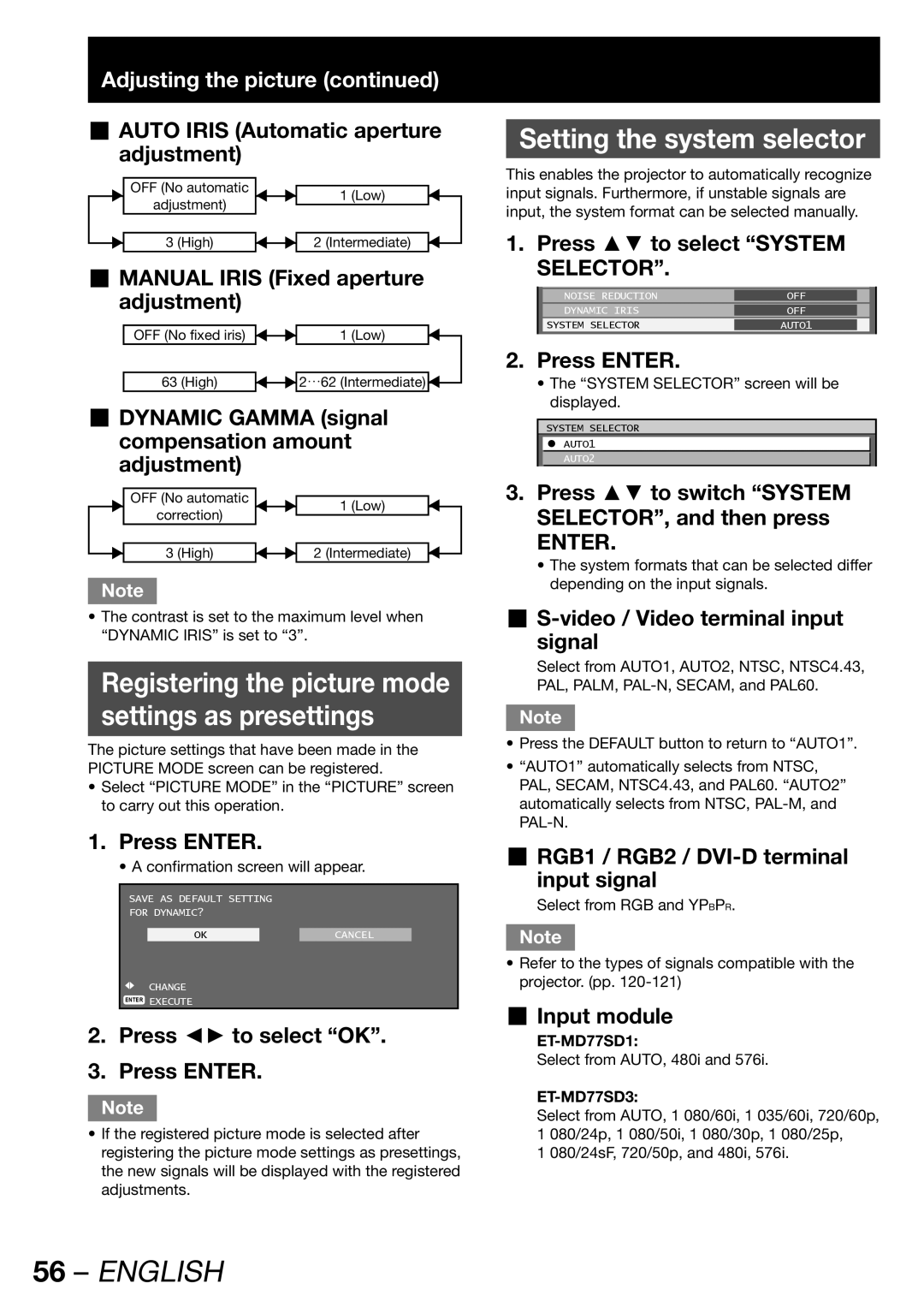 Panasonic PT-DW100U operating instructions Settings as presettings 