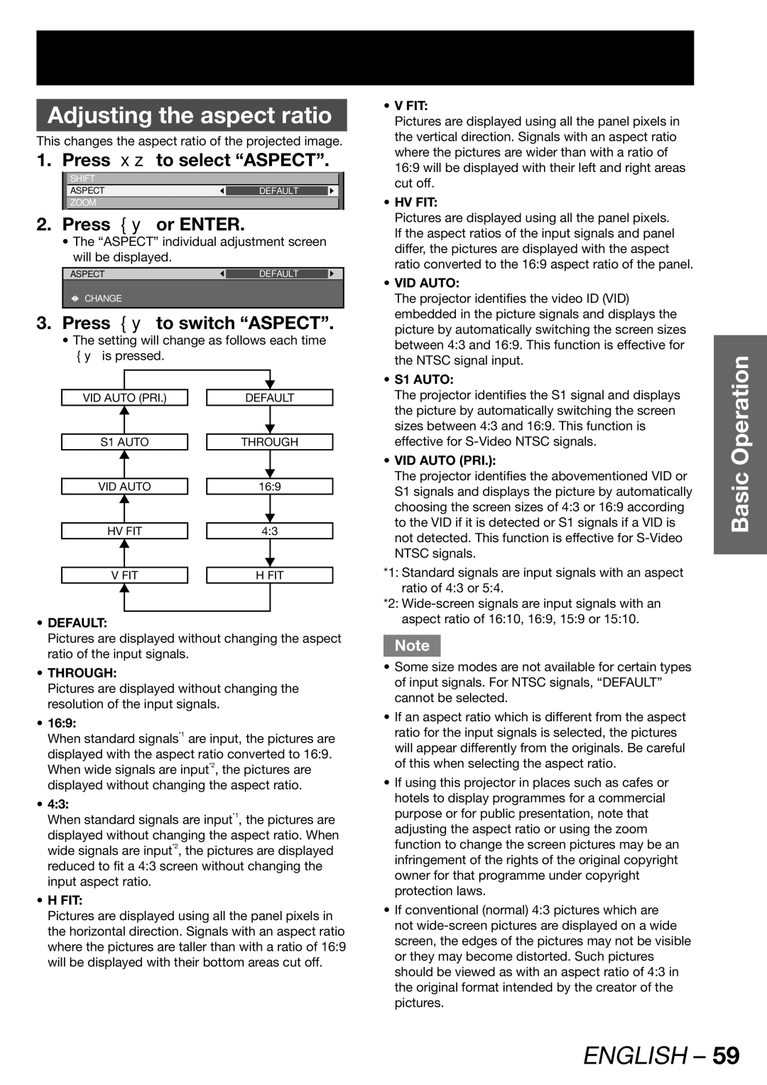 Panasonic PT-DW100U operating instructions Adjusting the aspect ratio, Press to select Aspect, Press to switch Aspect 