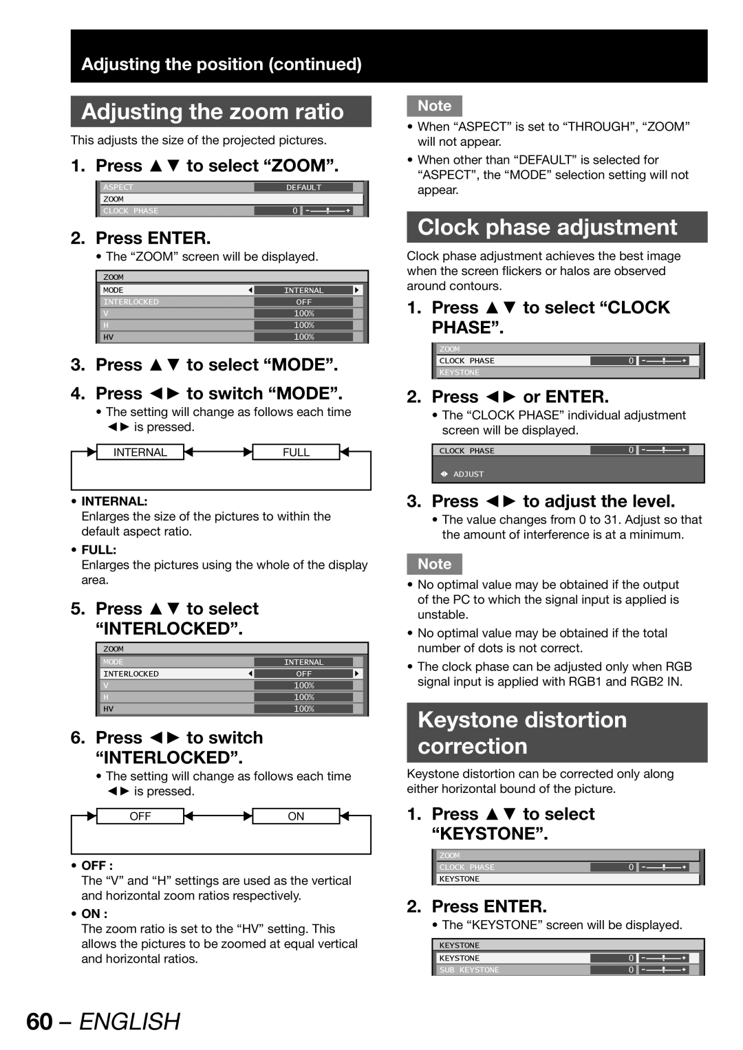 Panasonic PT-DW100U operating instructions Adjusting the zoom ratio, Clock phase adjustment, Keystone distortion Correction 