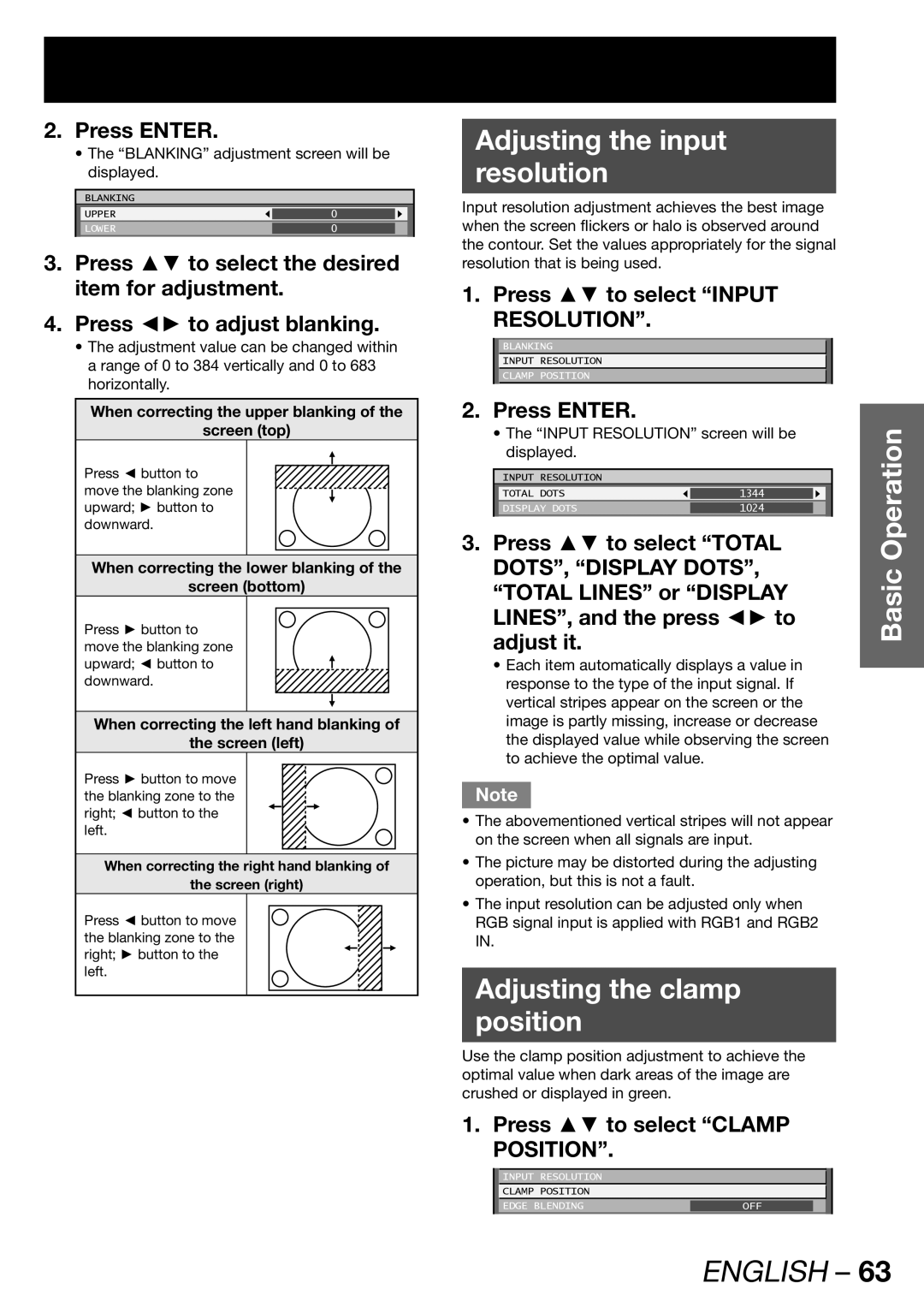 Panasonic PT-DW100U operating instructions Adjusting the input Resolution, Adjusting the clamp Position 