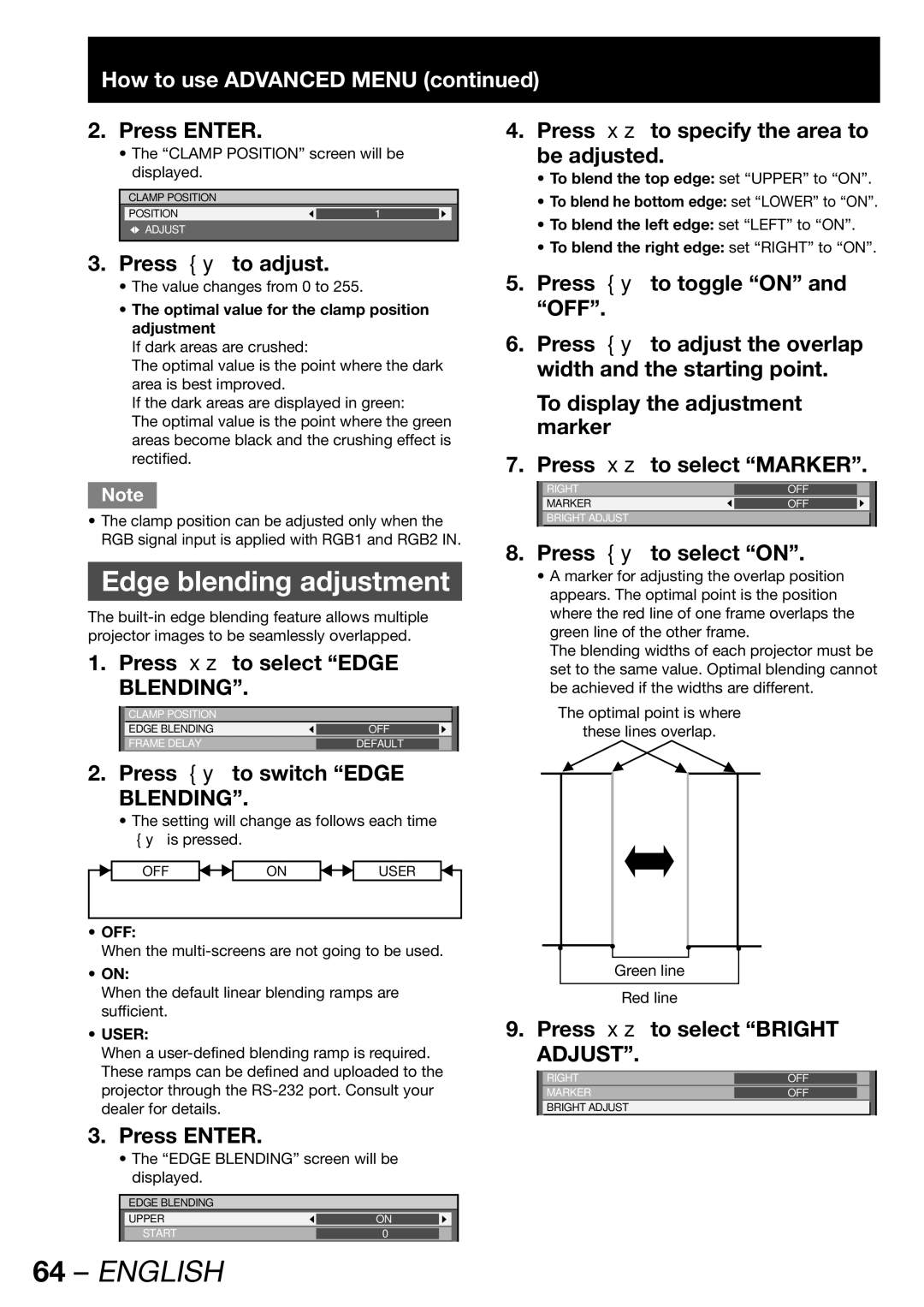 Panasonic PT-DW100U operating instructions Edge blending adjustment, How to use Advanced Menu 