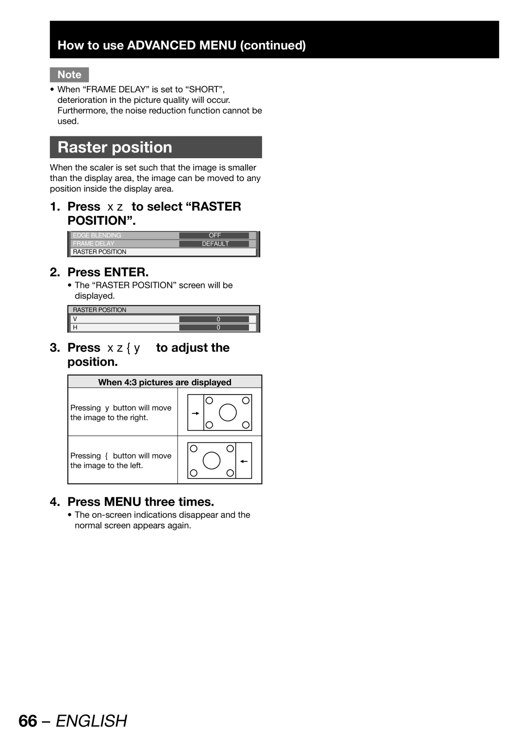 Panasonic PT-DW100U operating instructions Raster position, Press to select Raster Position, Press to adjust the position 