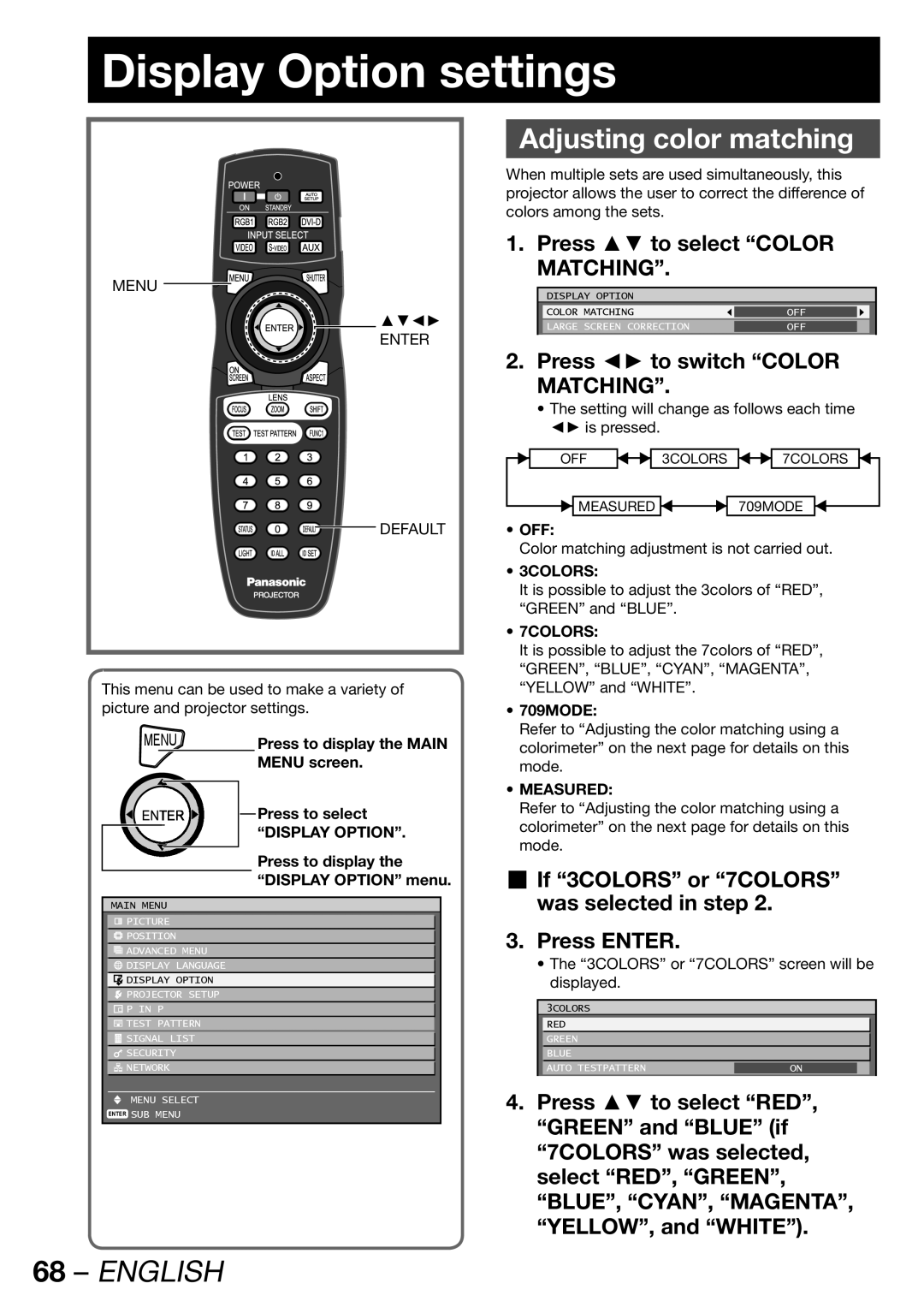 Panasonic PT-DW100U Display Option settings, Adjusting color matching, Press to select Color Matching 