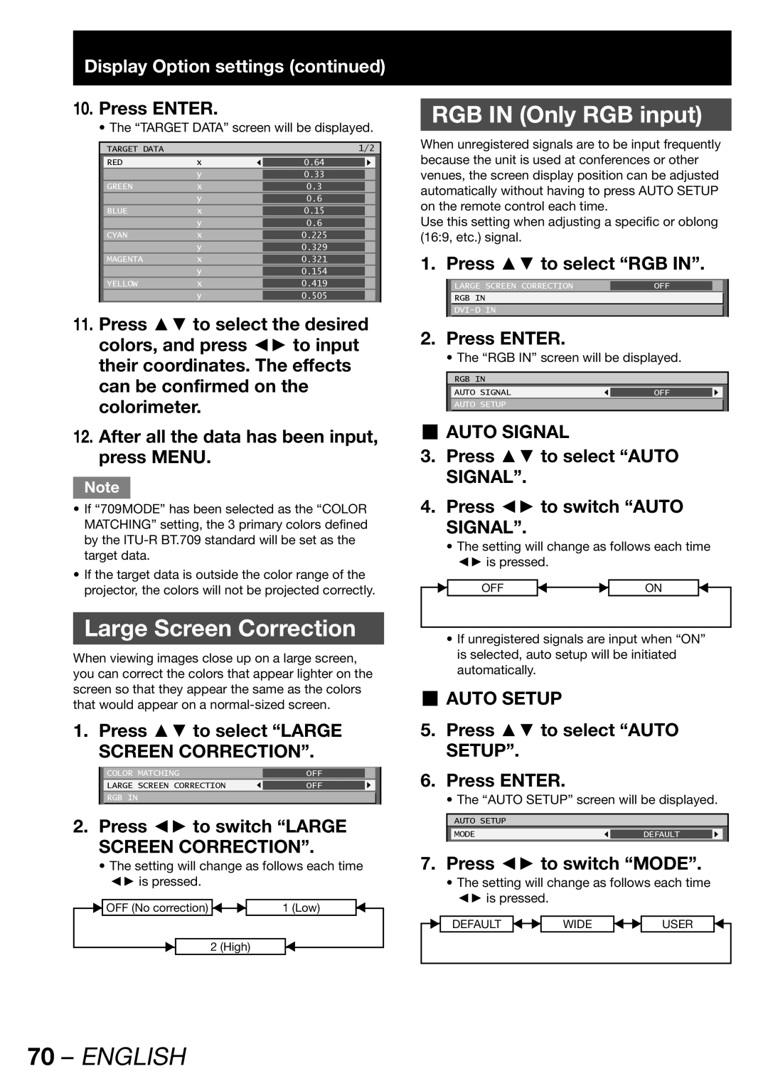 Panasonic PT-DW100U operating instructions RGB in Only RGB input, Large Screen Correction, Display Option settings 