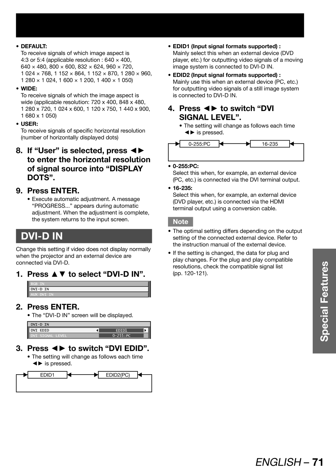 Panasonic PT-DW100U operating instructions Press to select DVI-D, Press to switch DVI Edid, Wide 