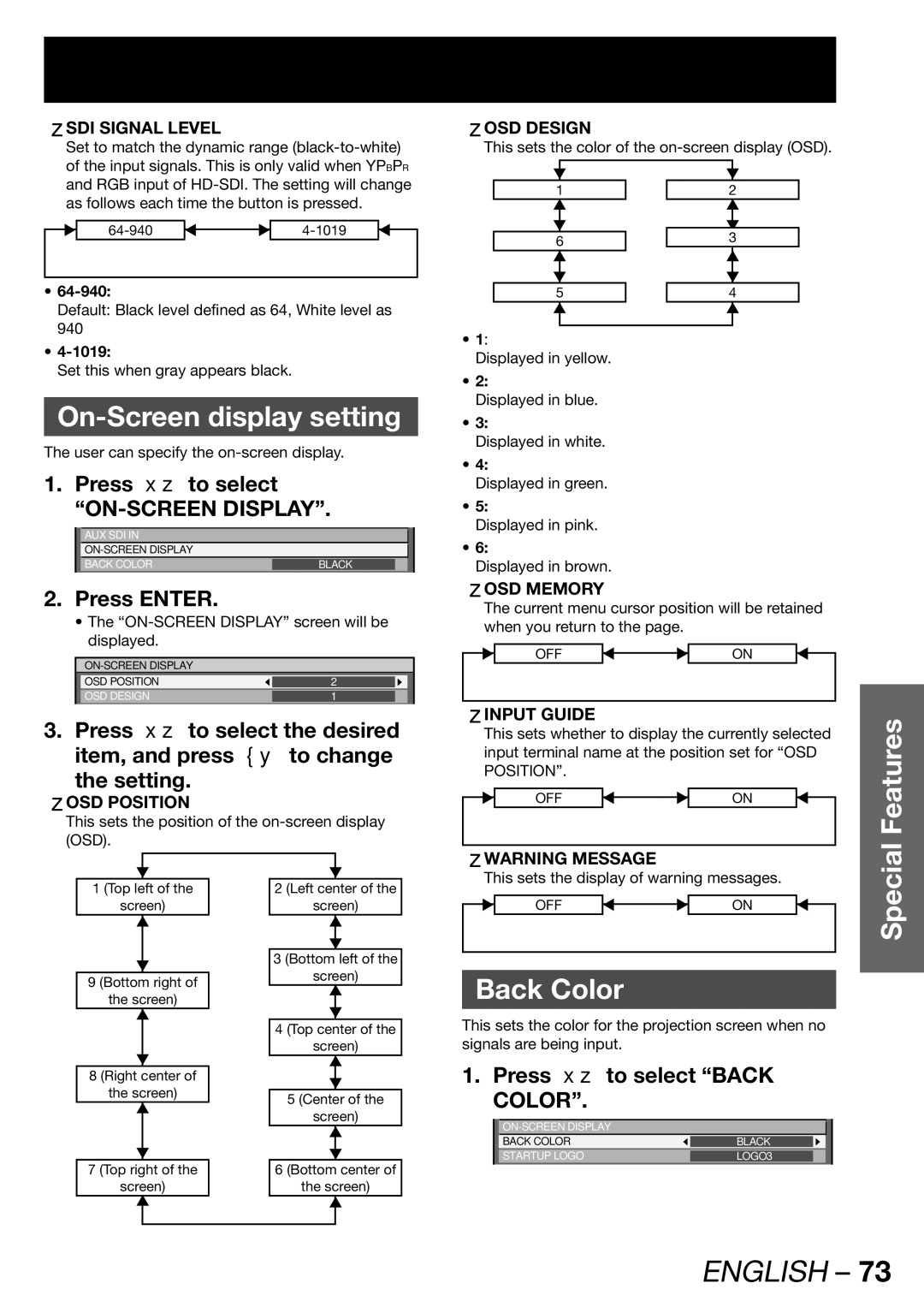 Panasonic PT-DW100U operating instructions On-Screen display setting, Features, Press to select Back Color 